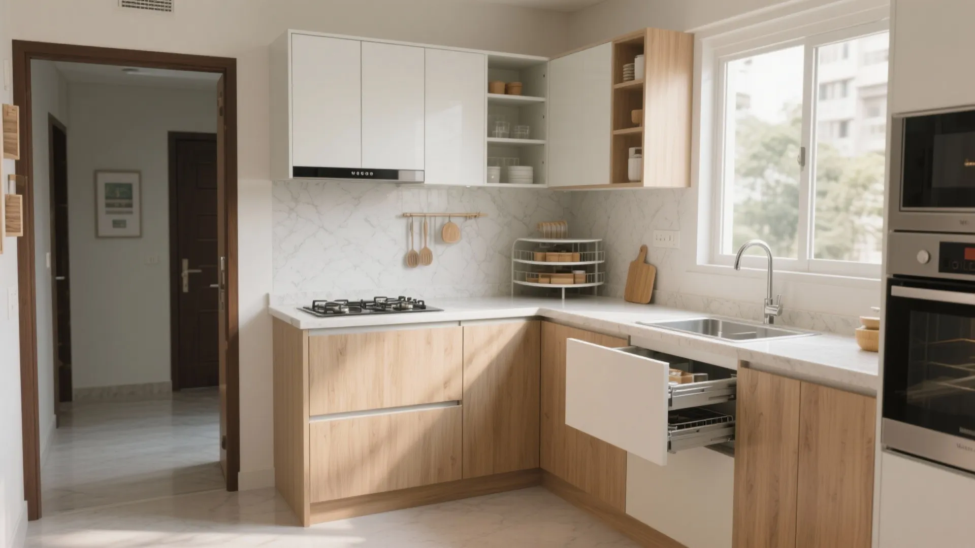 Compact L-Shaped Layout with Tall Pantry