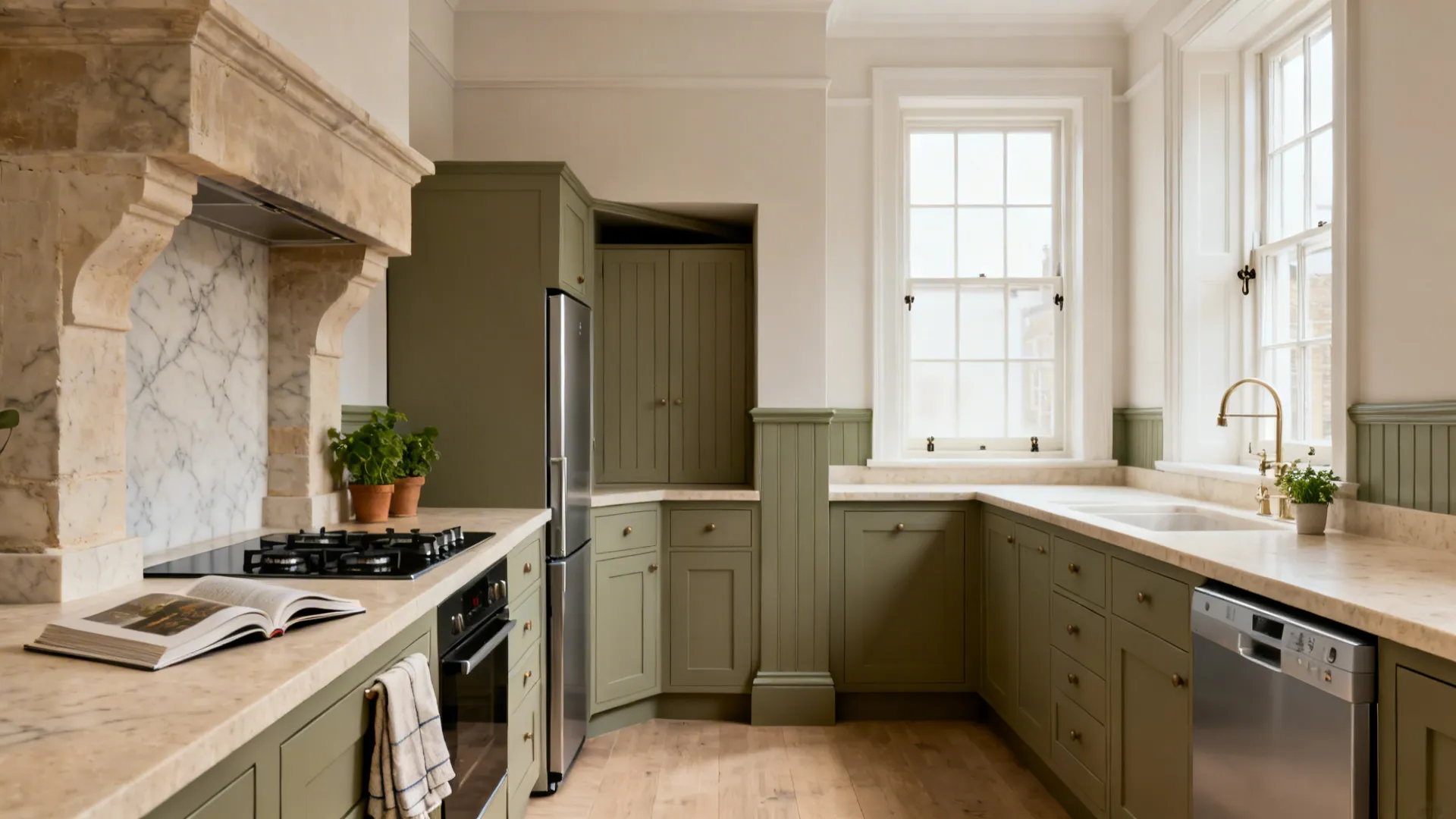 L-shaped Victorian galley with a shallow pantry niche and continuous counter run.