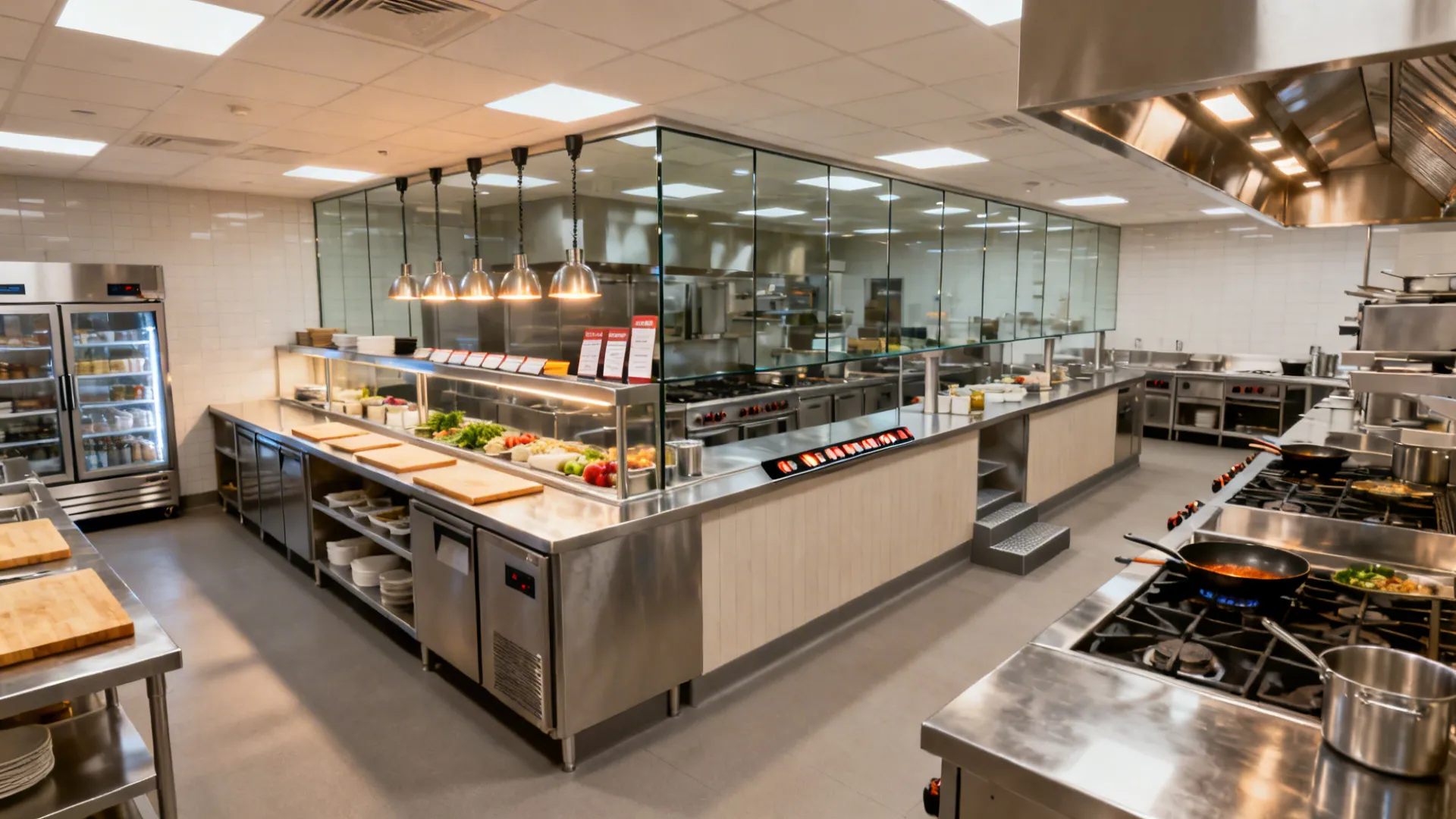 L-shaped kitchen line with the pass at the corner separating hot and cold zones.