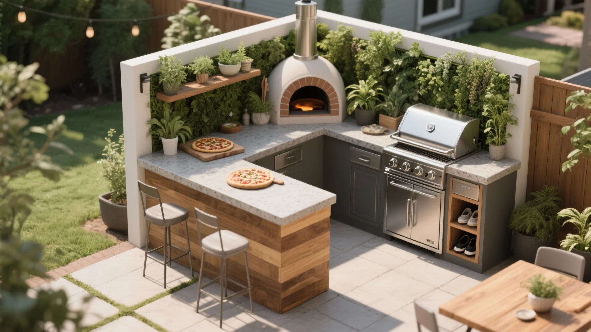 Modern outdoor kitchen with stone pizza oven wood bar counter gas grill and green plants