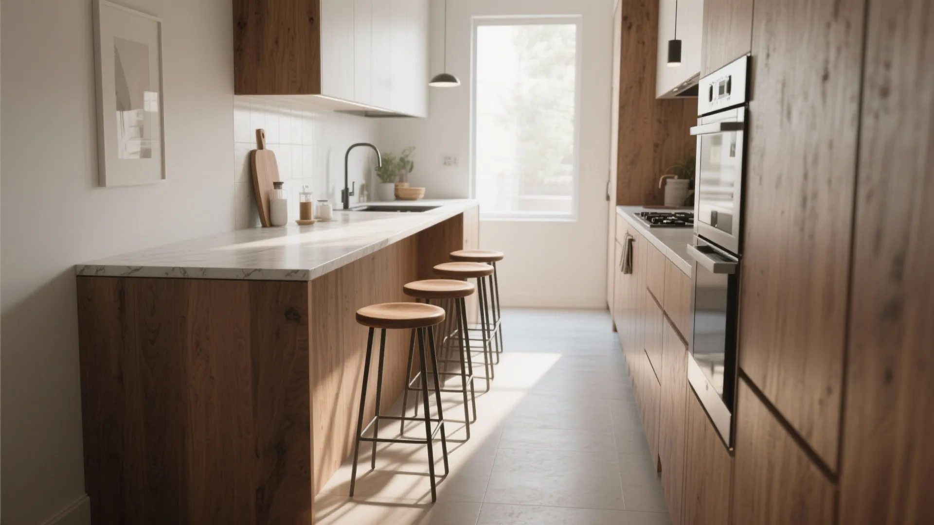 Minimalist kitchen with wooden cabinets white counters four stools large window and bright natural sun light