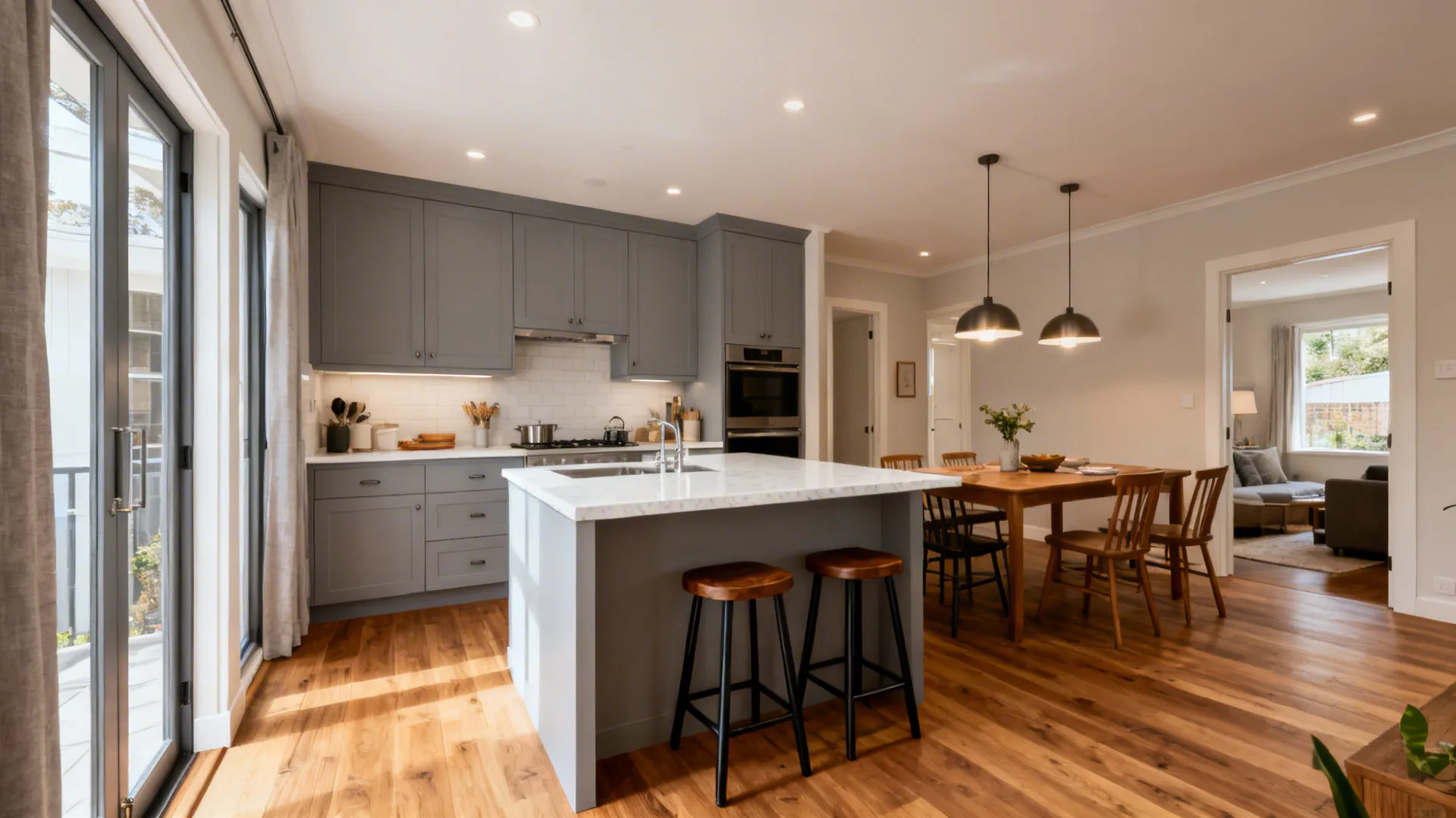 Compact open plan with L-shaped kitchen and slim peninsula creating a long prep run and clear aisles.