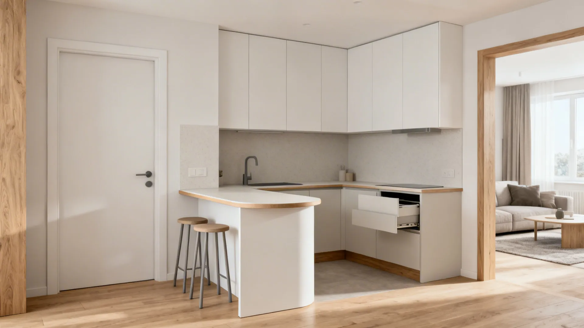 3) L-Shaped Micro Kitchen with a Peninsula as an Entry Buffer