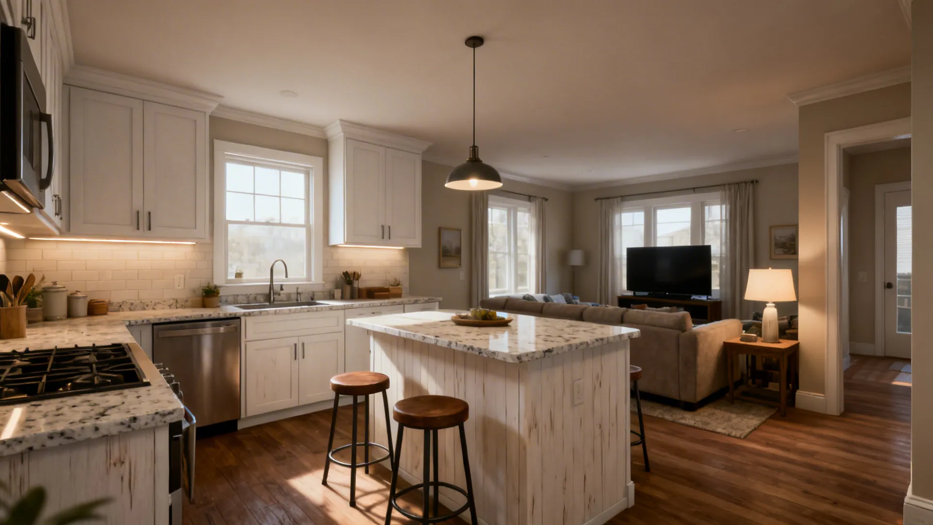 Compact L-shaped kitchen with a peninsula facing a cozy family room and clear aisles.