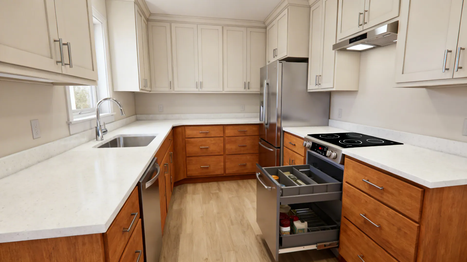 Compact L-shaped kitchen with sink on the long run and range on the short leg to maximize prep space.