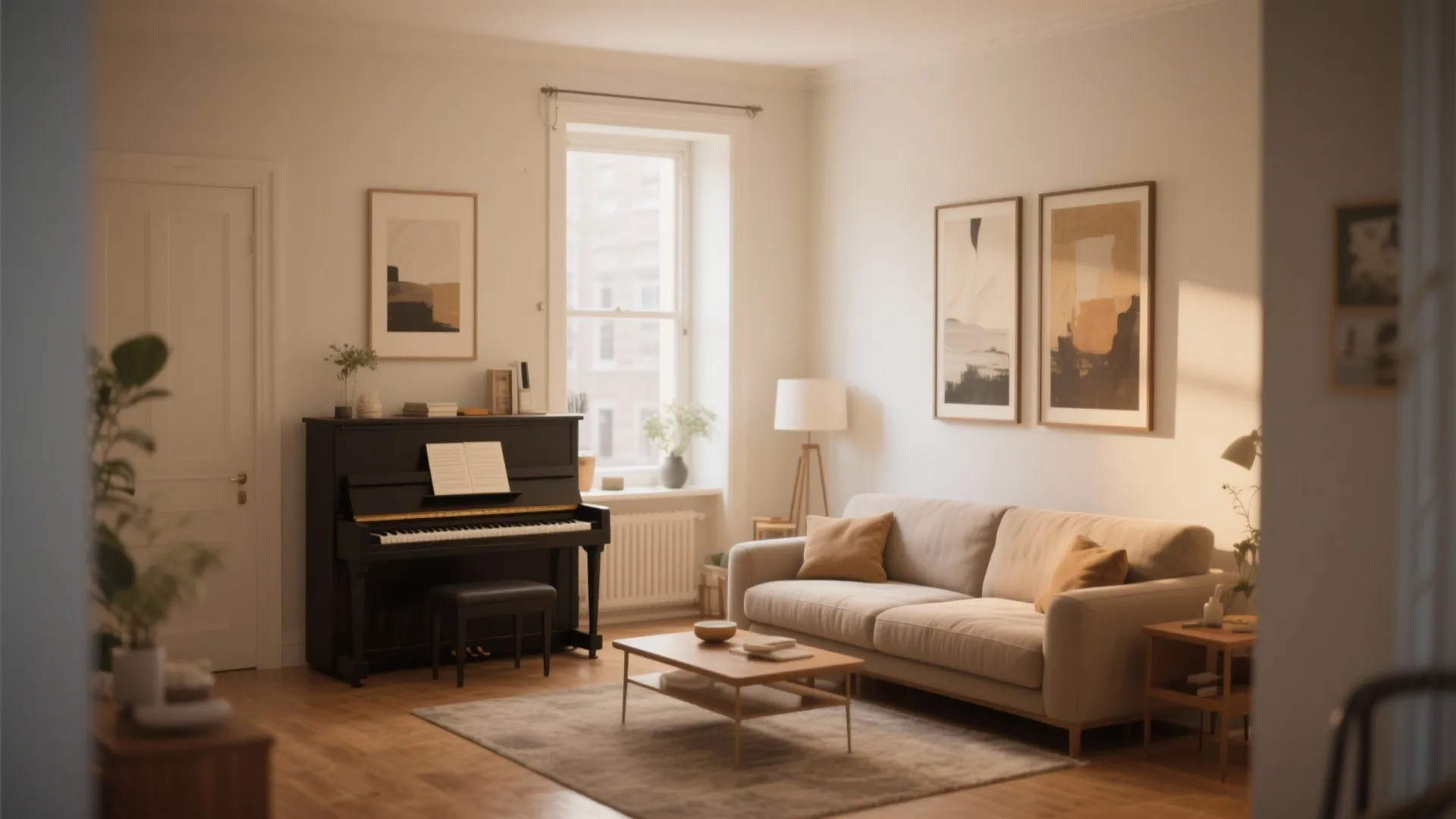 Modern living room with black upright piano beside a beige sofa and a coffee table