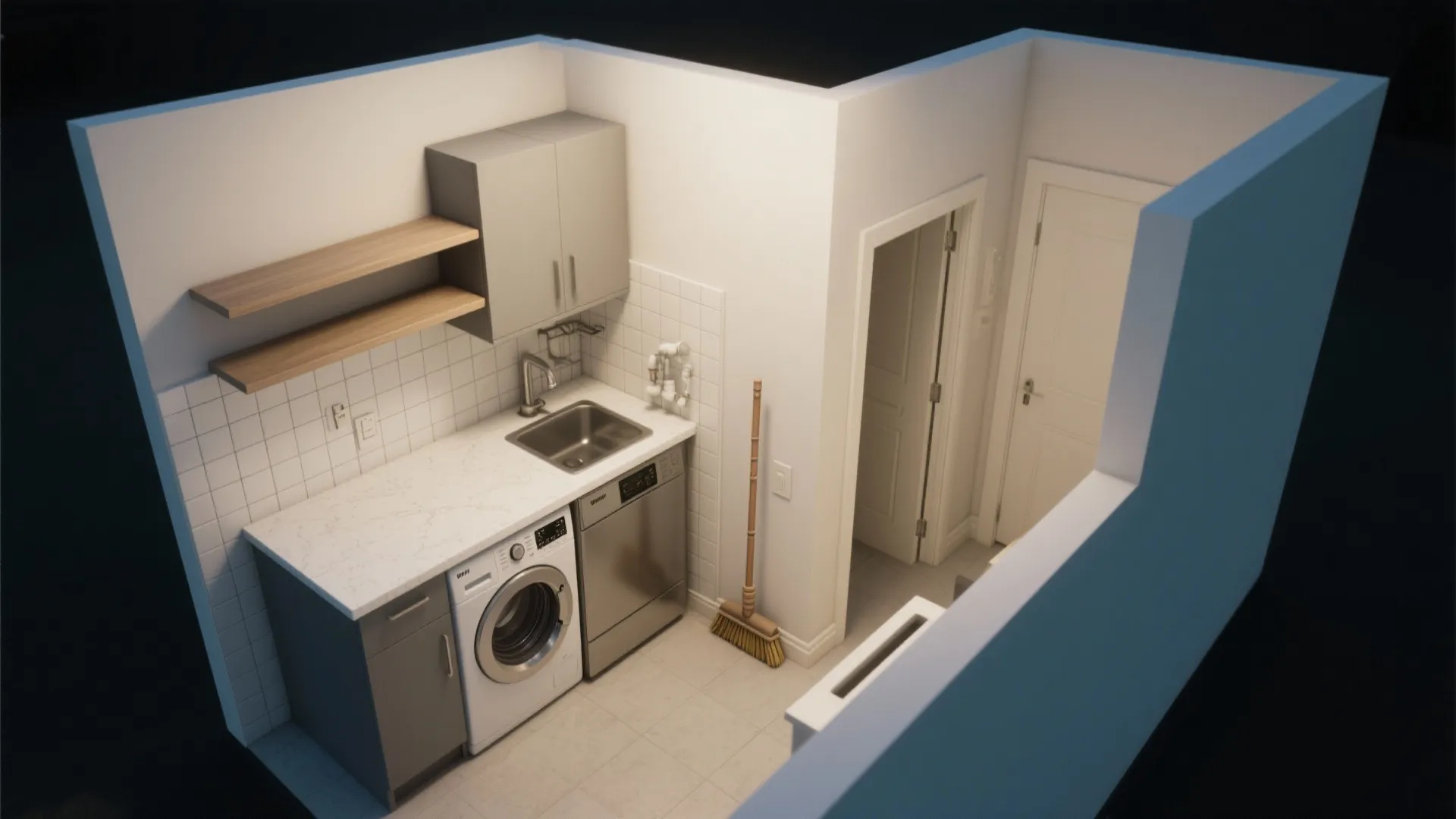 Interior design drawing of a laundry room with washing machine sink grey cabinets and white walls