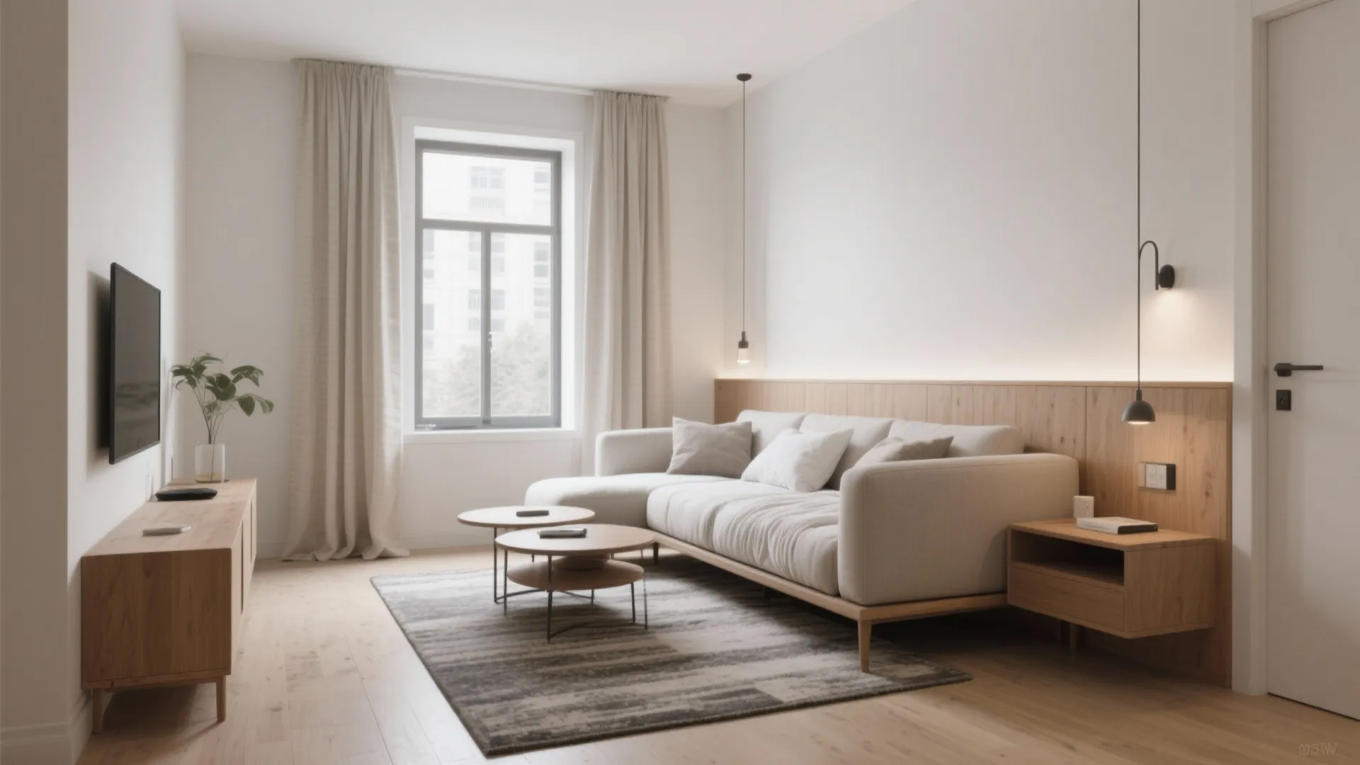 Modern living room featuring white sofa wooden wall panel hanging light fixture and large window