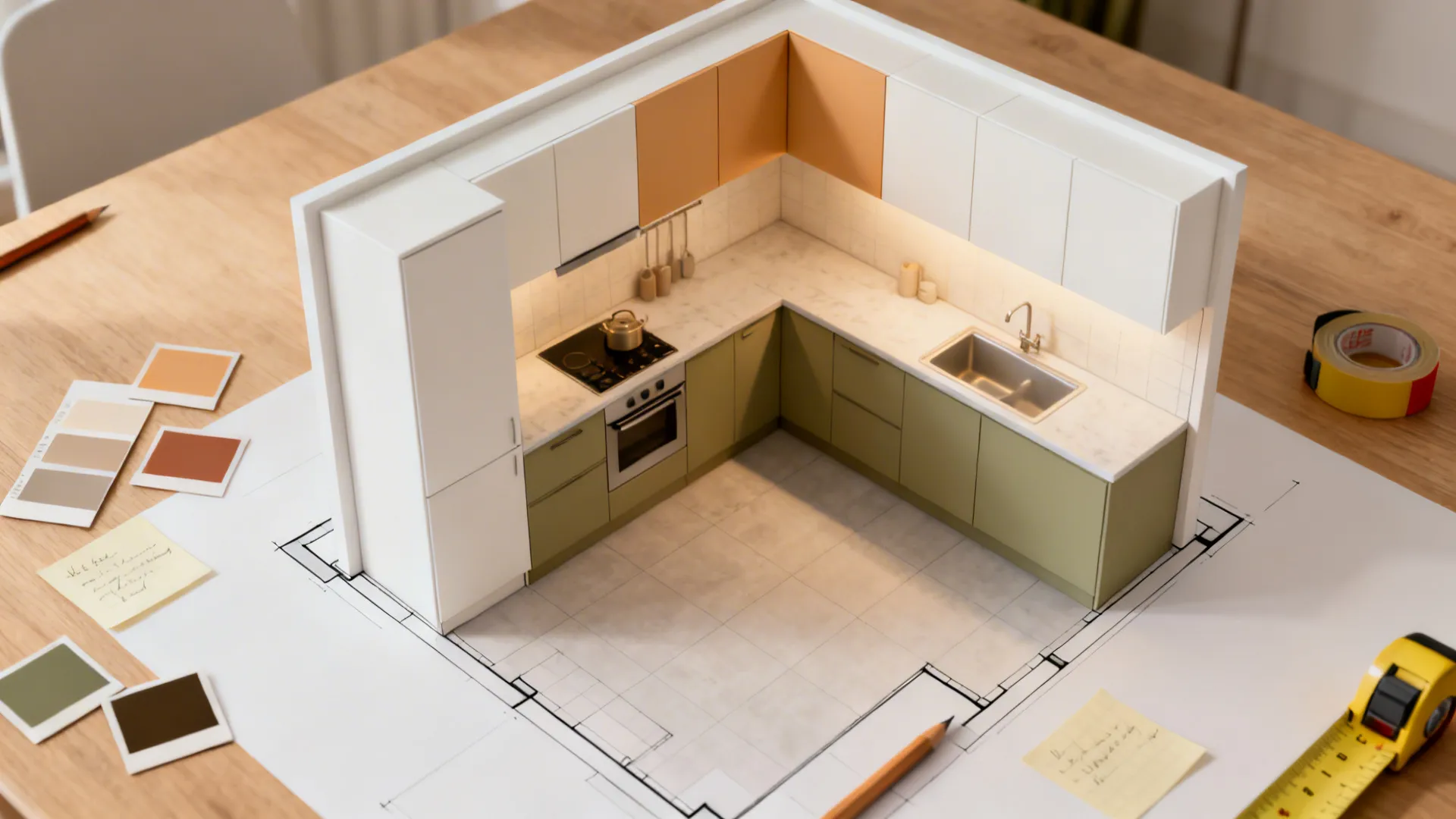 Top-down planning scene showing an L-shaped small kitchen palette with swatches and simple layout sketch.