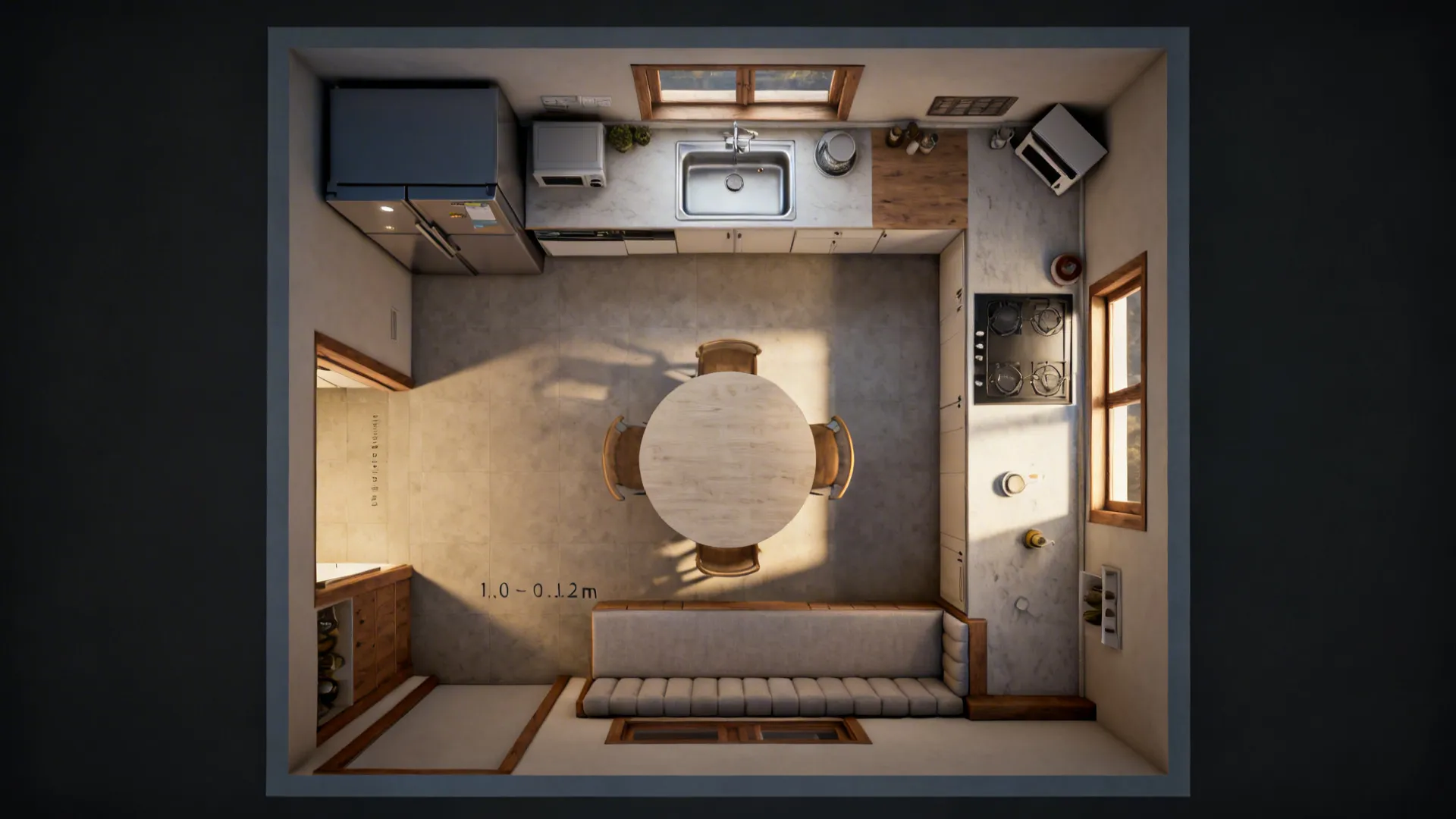 Top-down view of an L-shaped kitchen plan with clearances and a round dining setup for smooth flow.