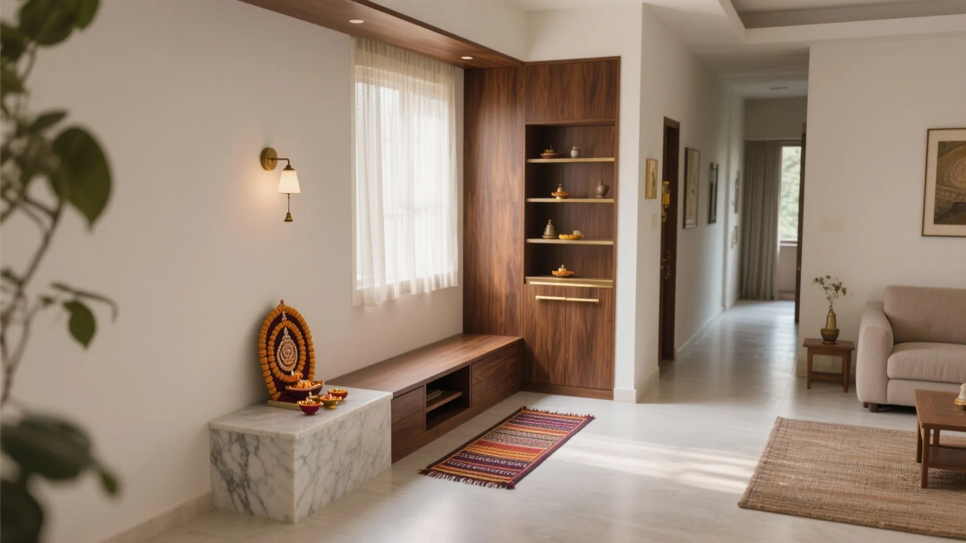 Corner L-Shaped Pooja Integrated into the Living Room