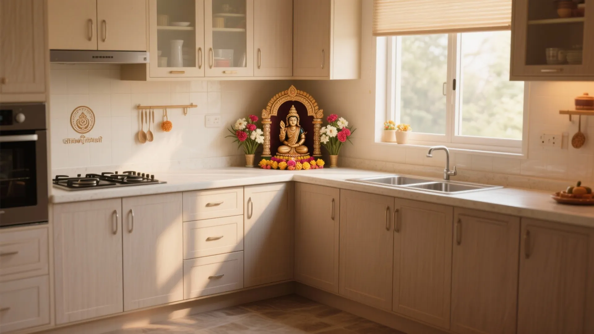 L-Shaped Kitchen with Integrated Pooja Shelf