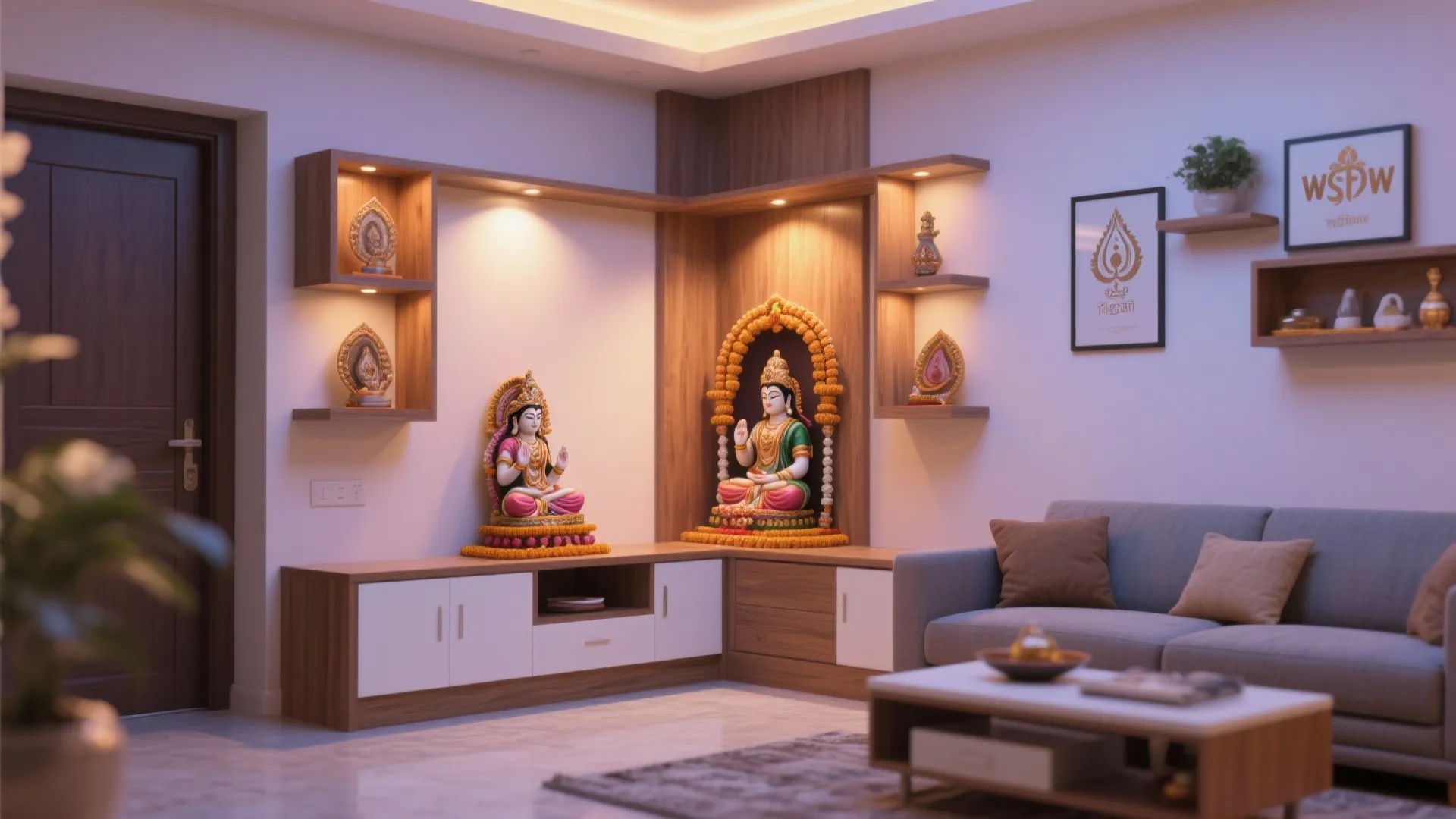 L-shaped pooja corner for multi-use spaces