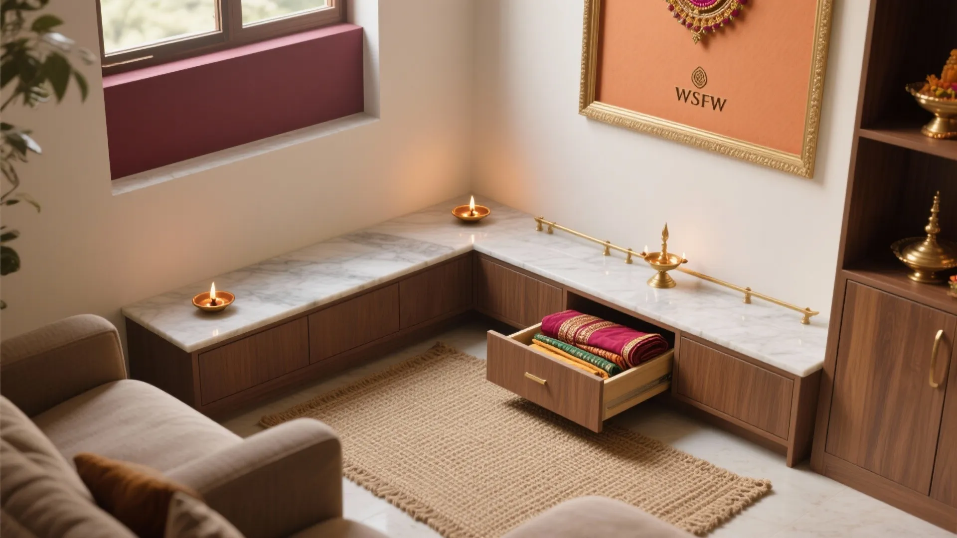 L-Shaped Pooja Corner With Floor Seating