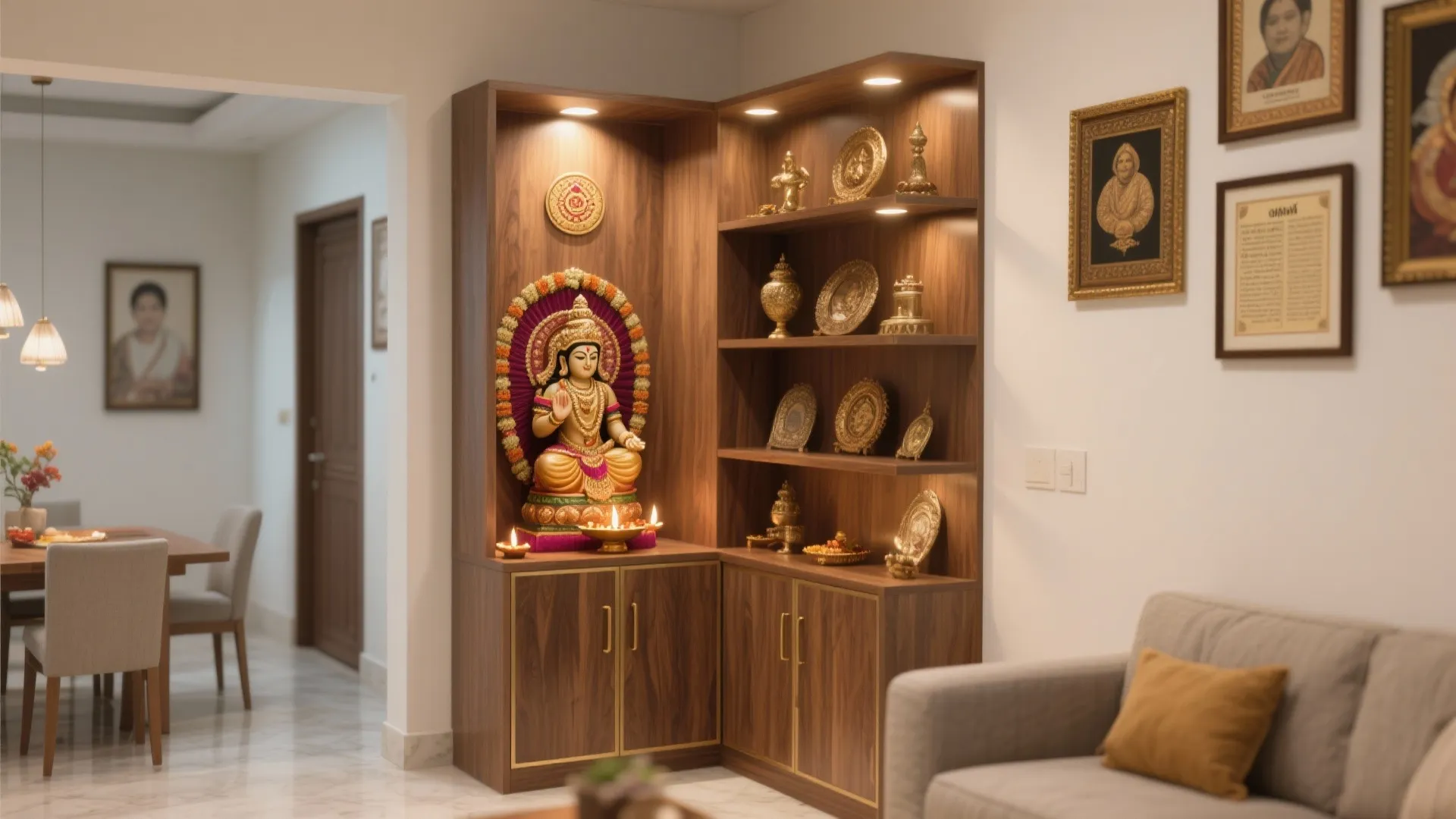 Compact L-shaped corner Pooja unit with idol, display shelves, warm wood, and brass accents.