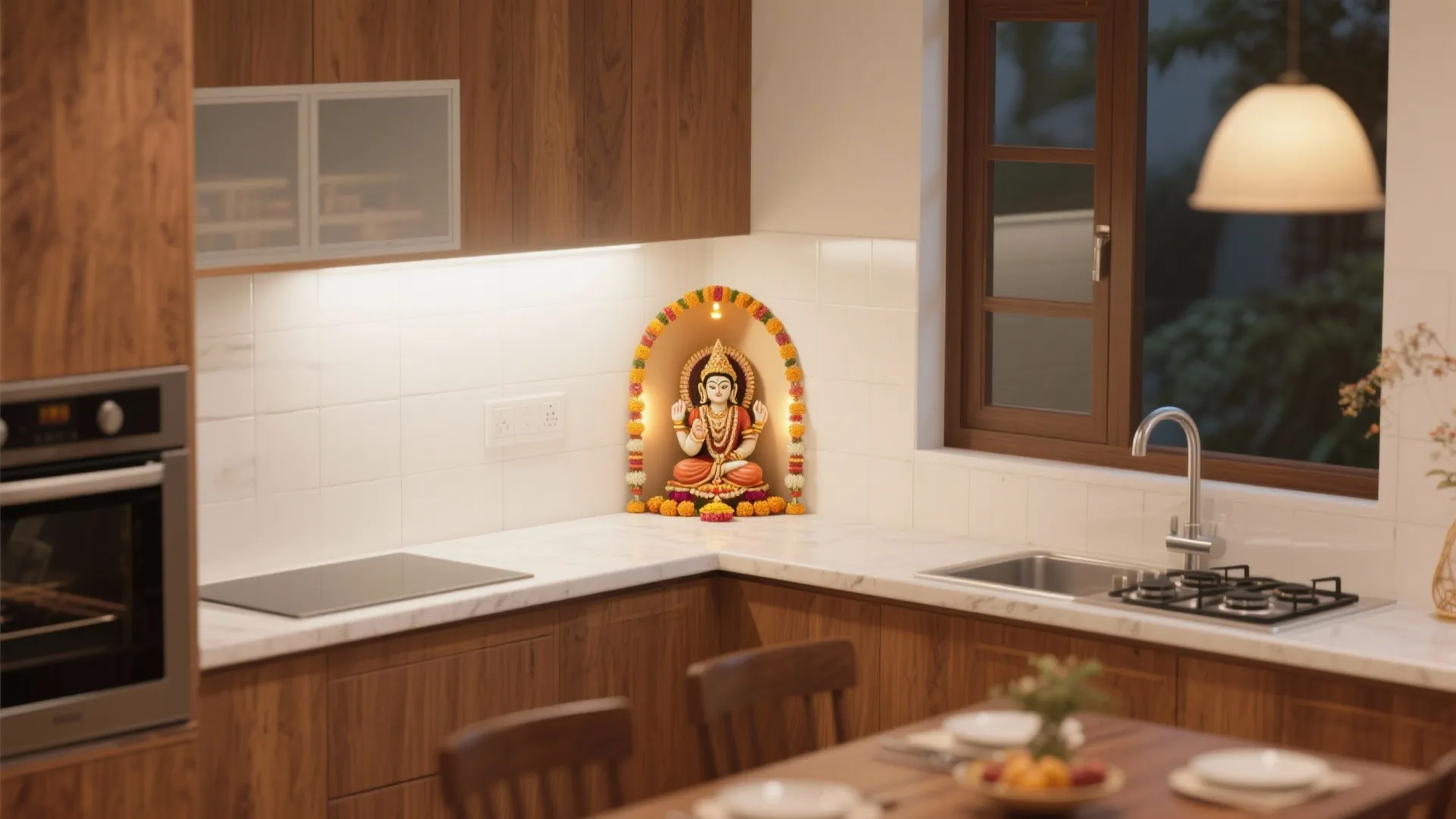 Modern kitchen with wood cabinets featuring a small prayer shrine built into the tile wall