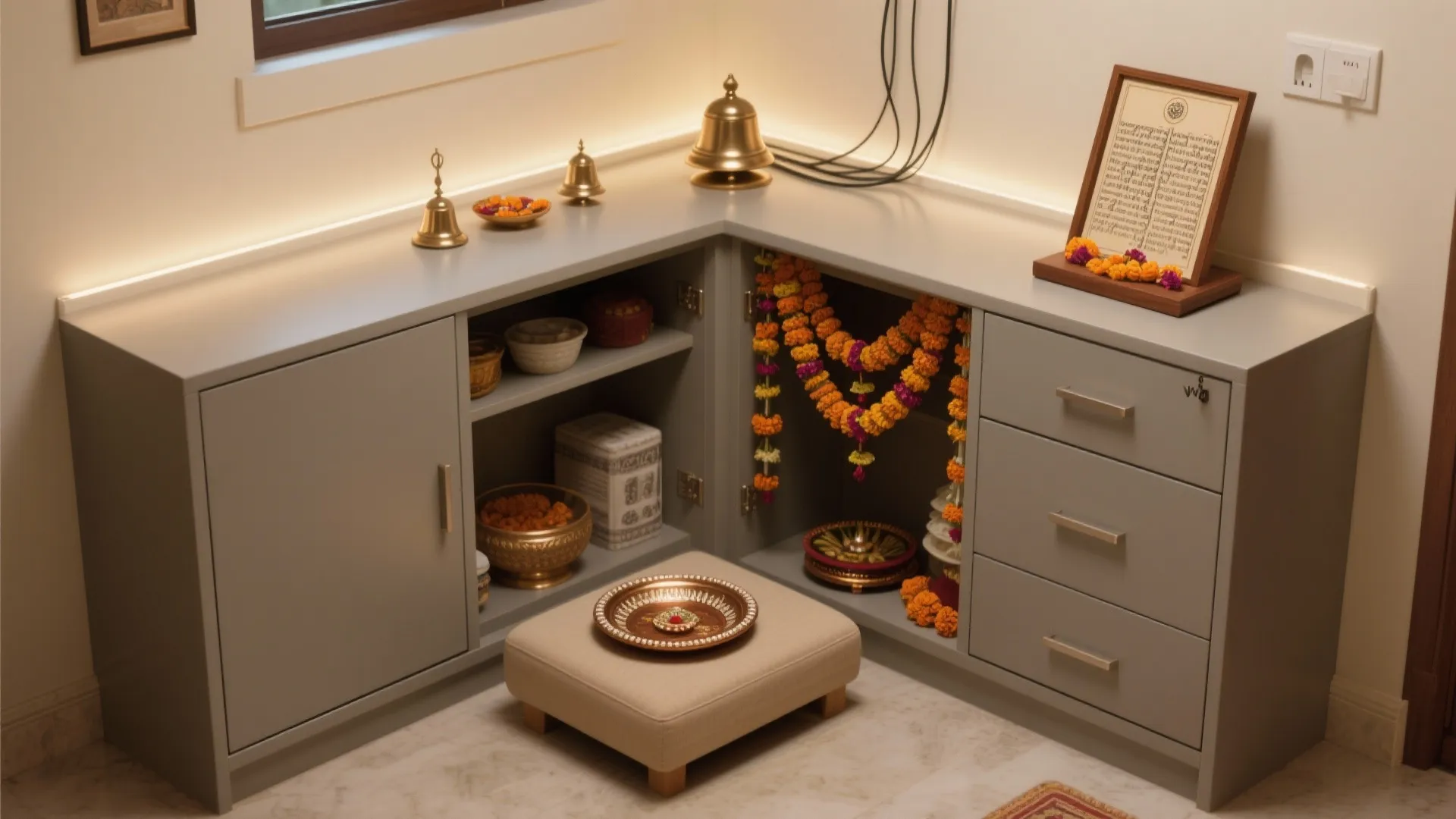 L-shaped corner pooja unit with hidden storage, soft backlighting, and a slim overhead ledge.