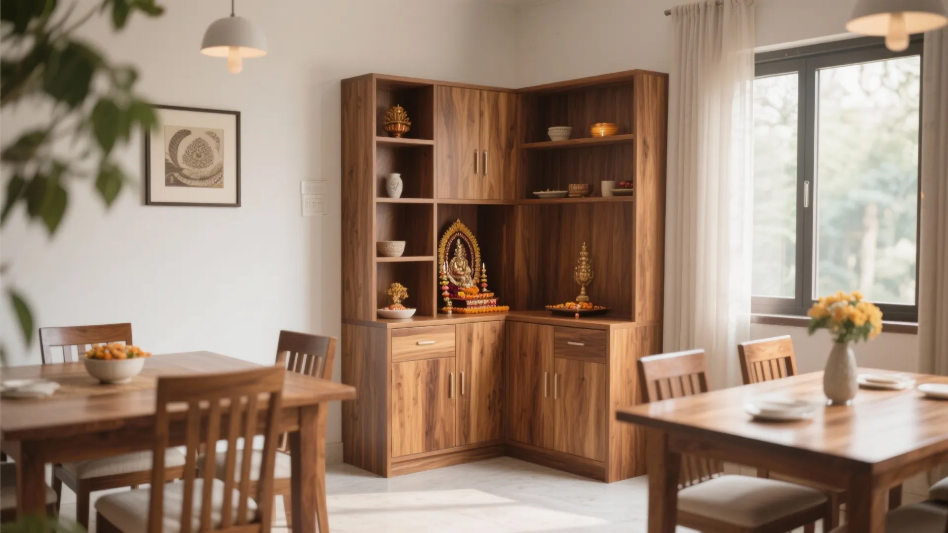 Sleek L-shaped Wooden Pooja Unit