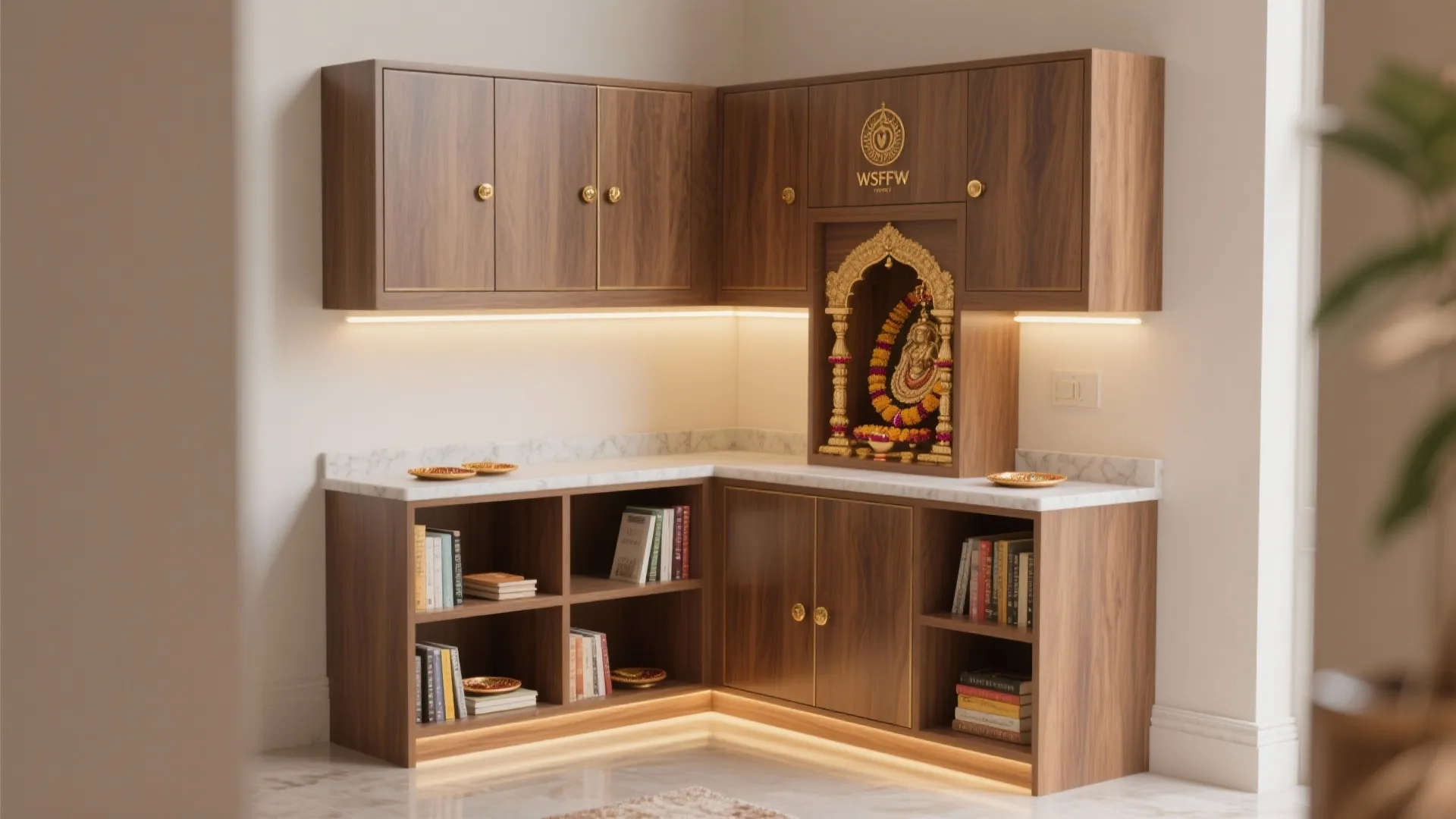L-shaped corner pooja cabinet with upper shrine, warm wood veneer, and soft lighting.