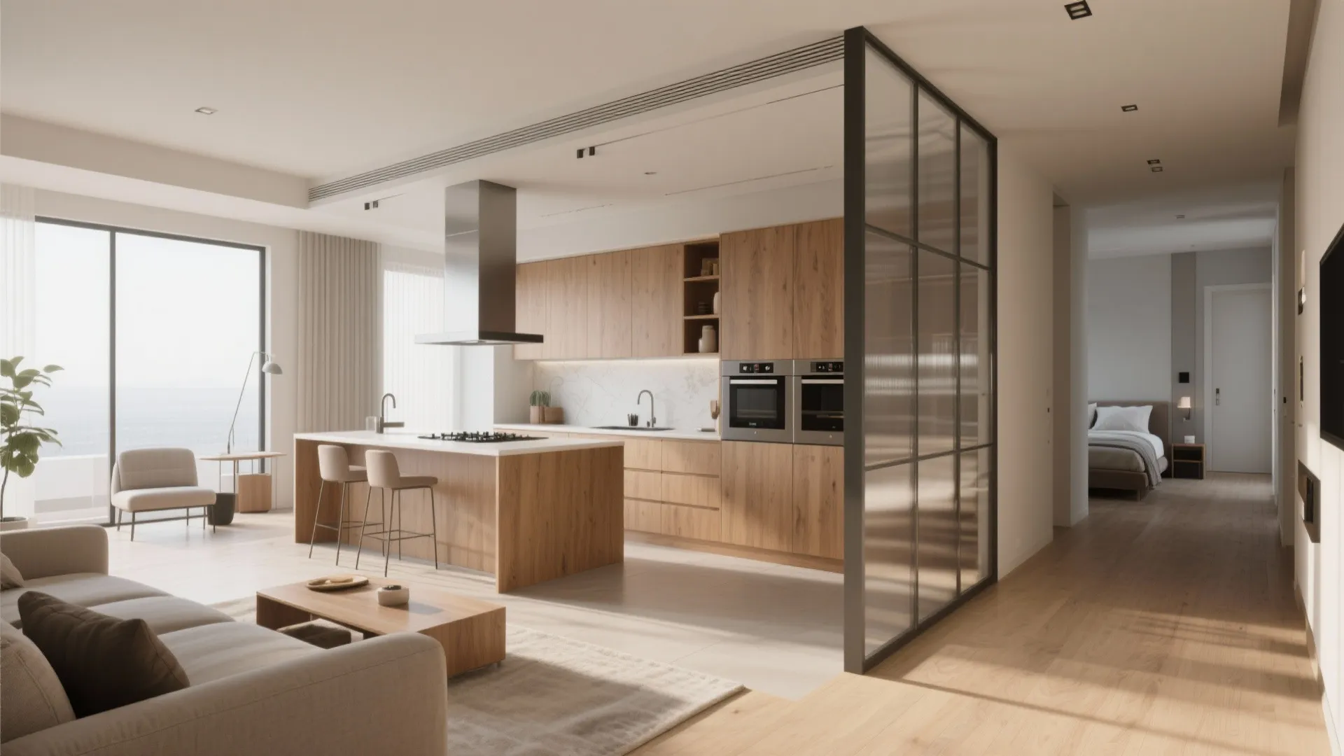 L-shaped living and kitchen with a short private corridor to bedrooms and a partial glass partition.