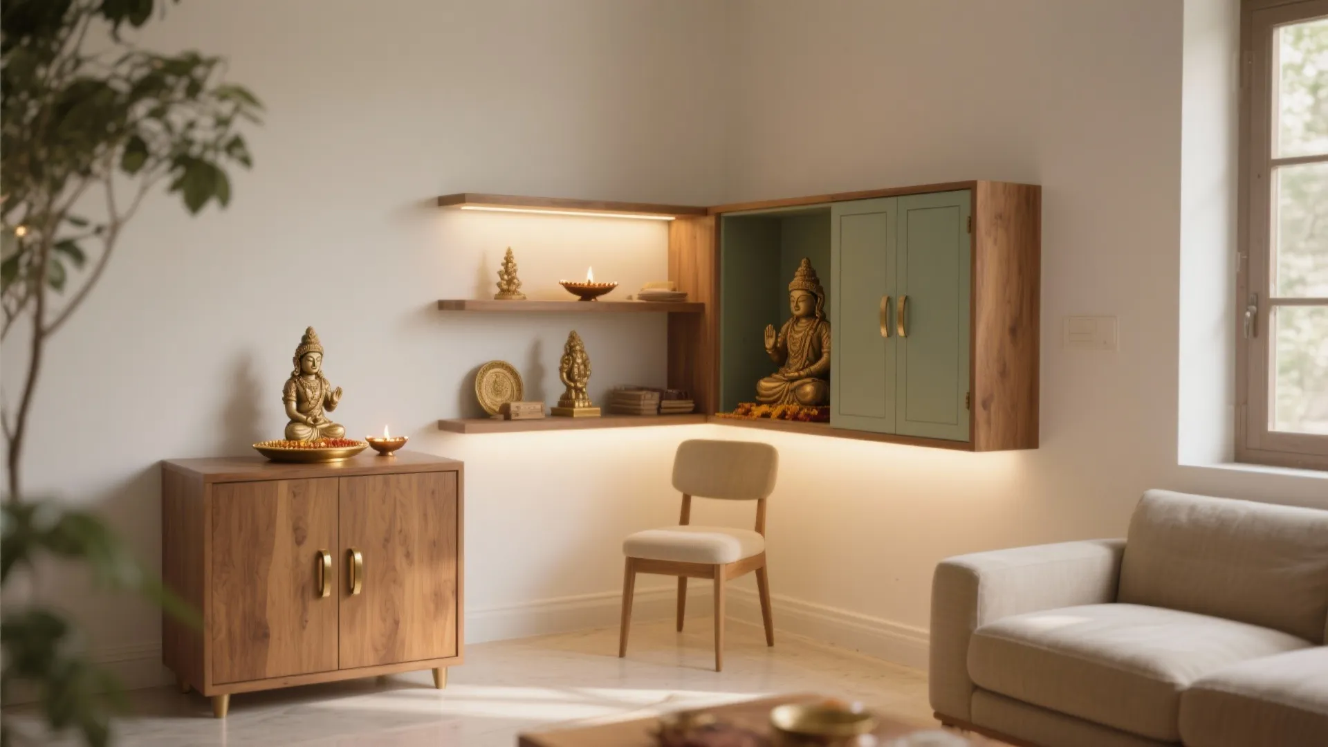 Modern prayer room with wooden cabinets golden statues warm lighting beige chair and grey fabric sofa