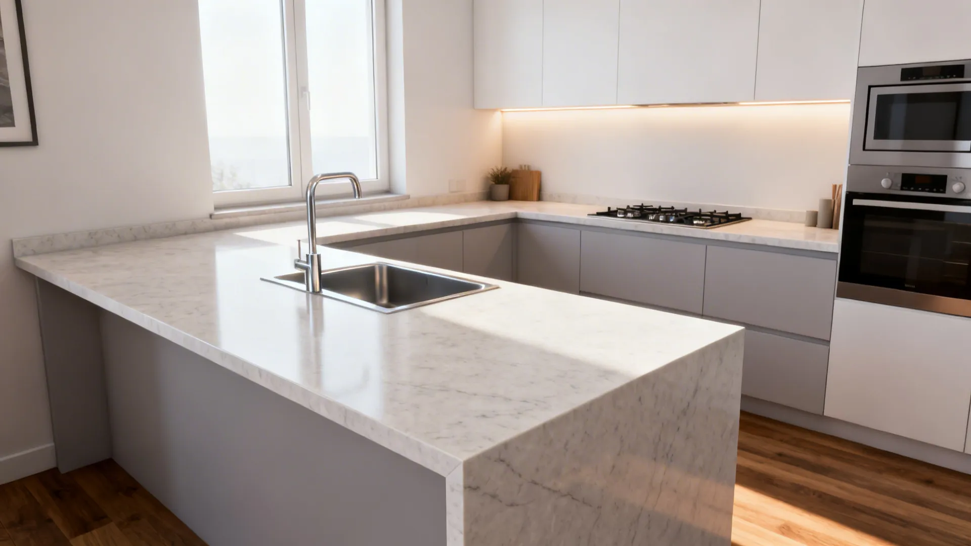 L-shaped light quartz countertop in a compact kitchen with under-cabinet lighting and continuous corner run.