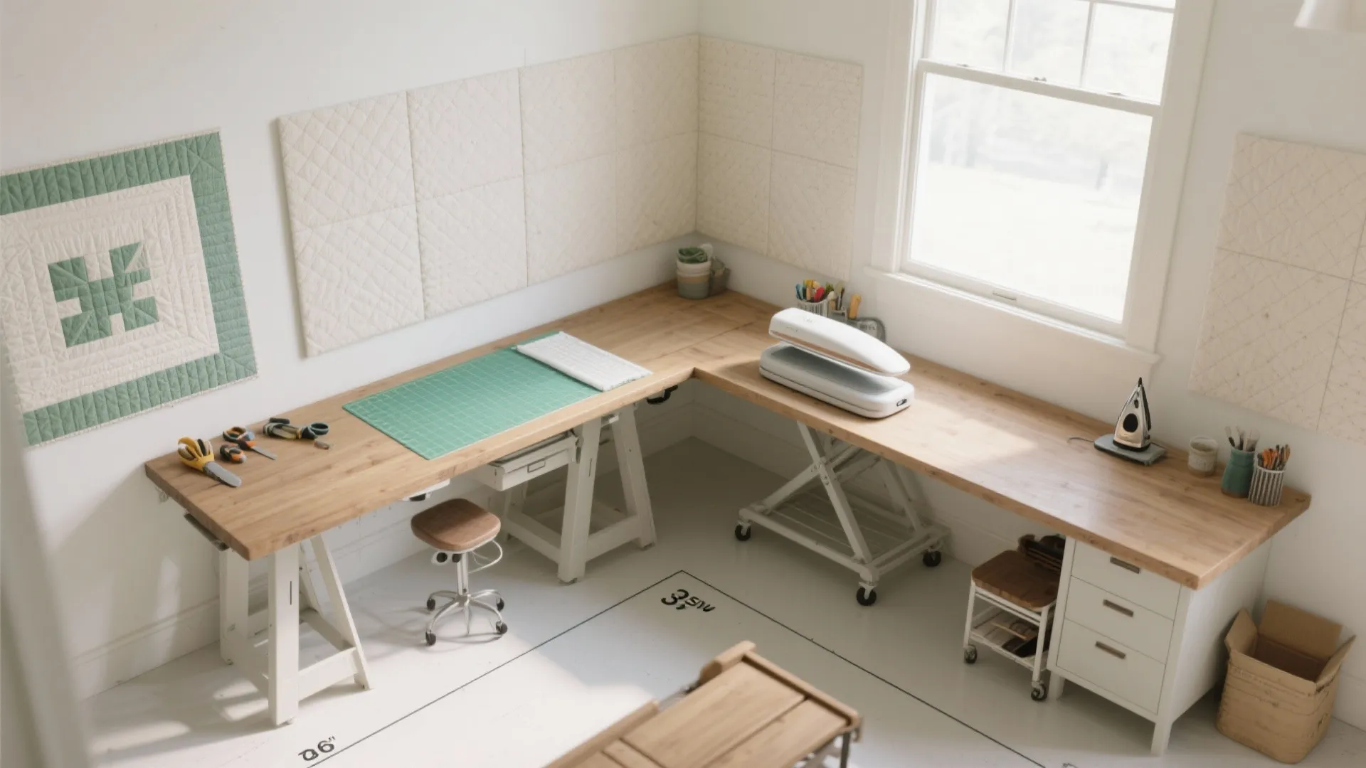 L-shaped quilt corner with a paired cutting station