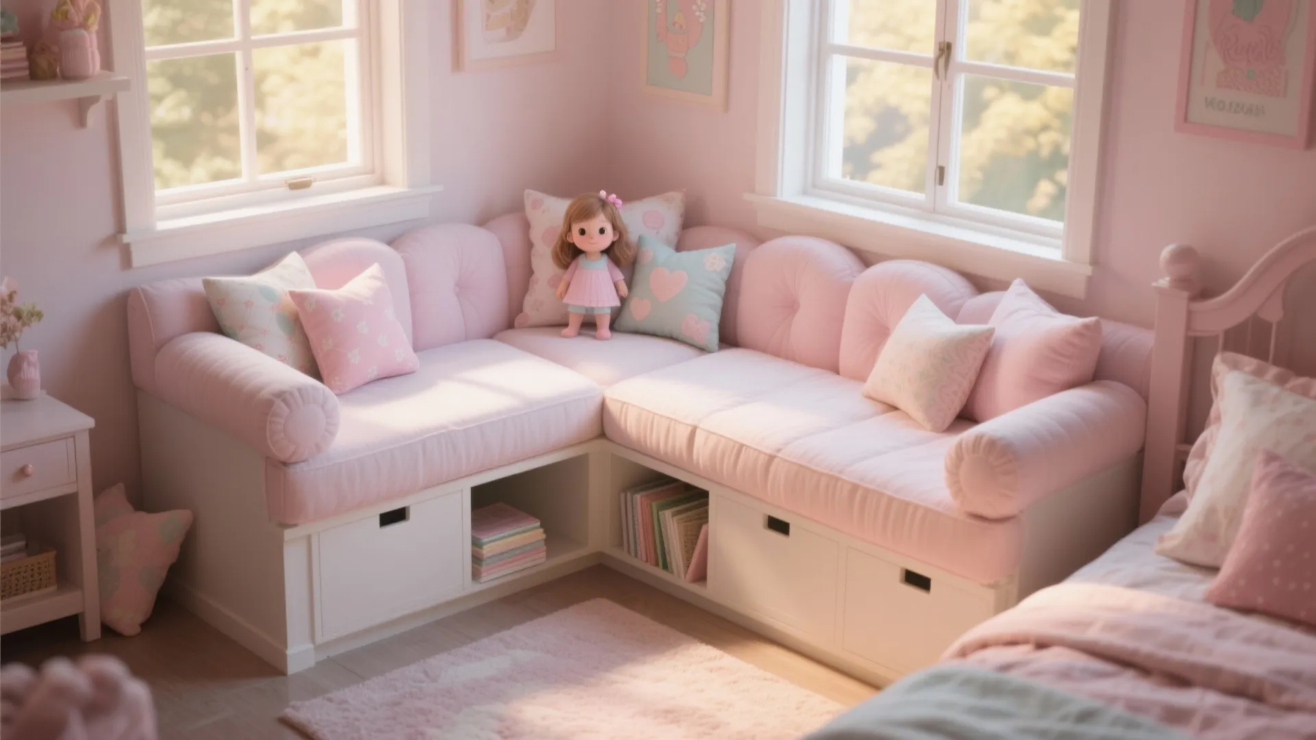 Pink L-shaped sofa with storage drawers in a sunny room corner under two white windows