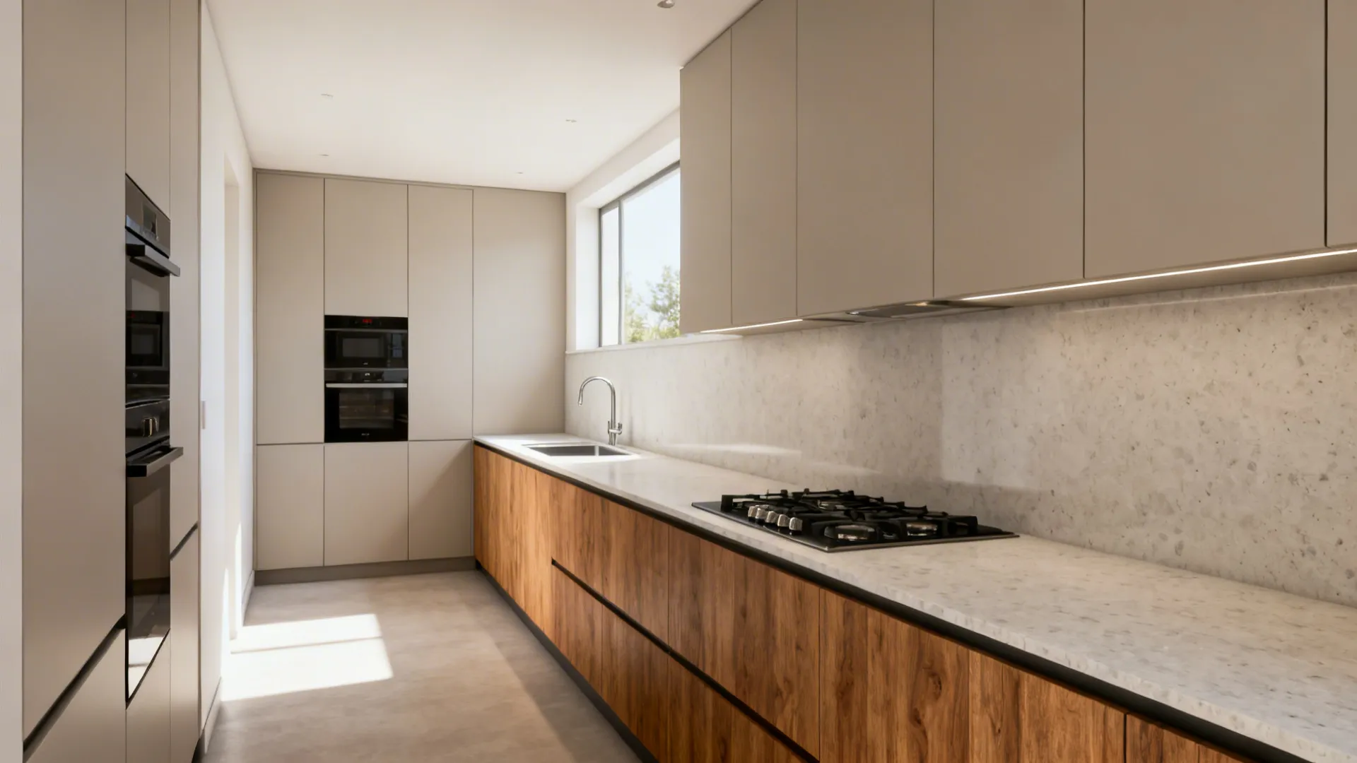 L‑shaped rear kitchen with sink on the short leg and a long clear prep run.