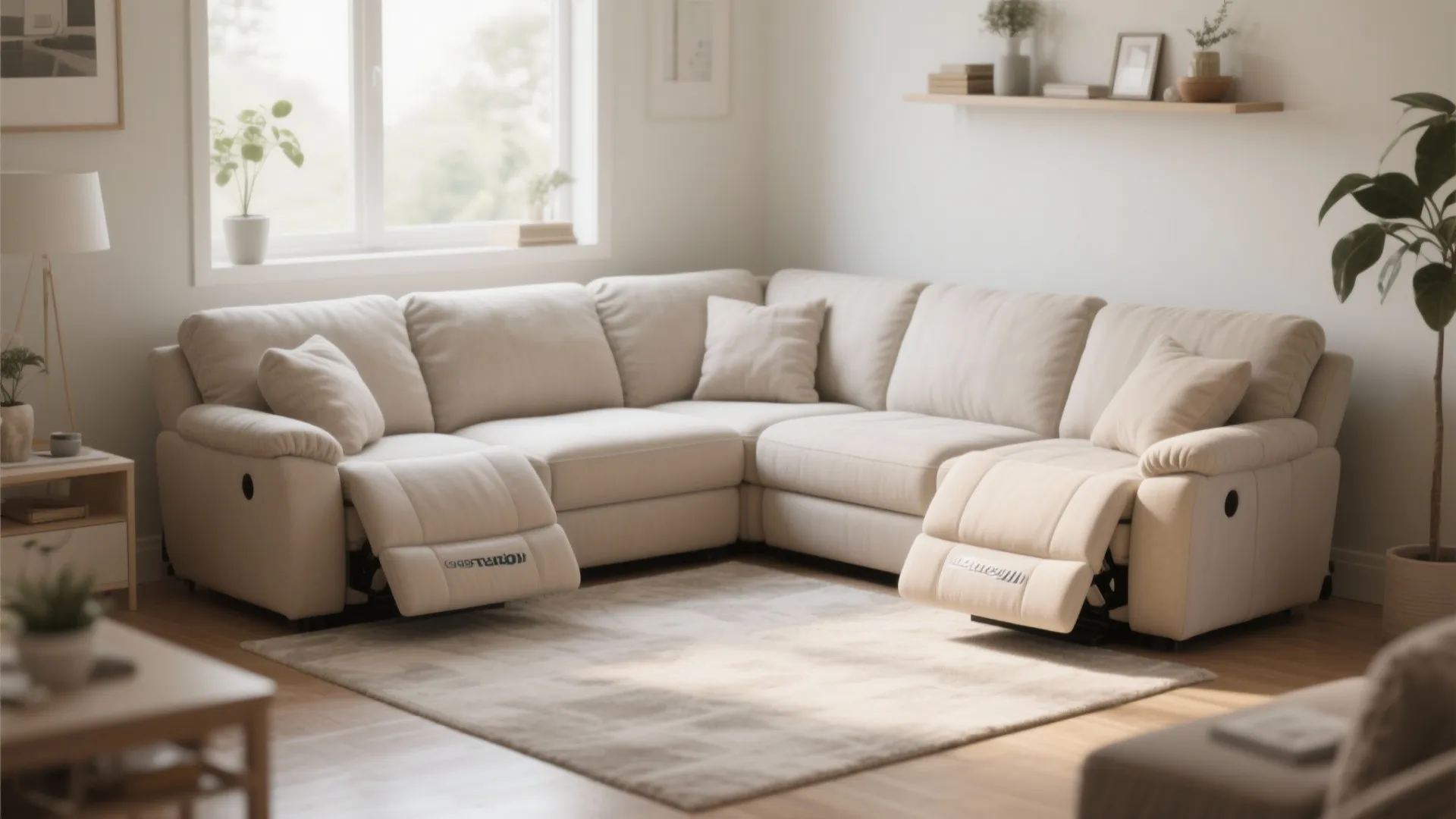 L-shaped sectional recliner sofa in family living room corner
