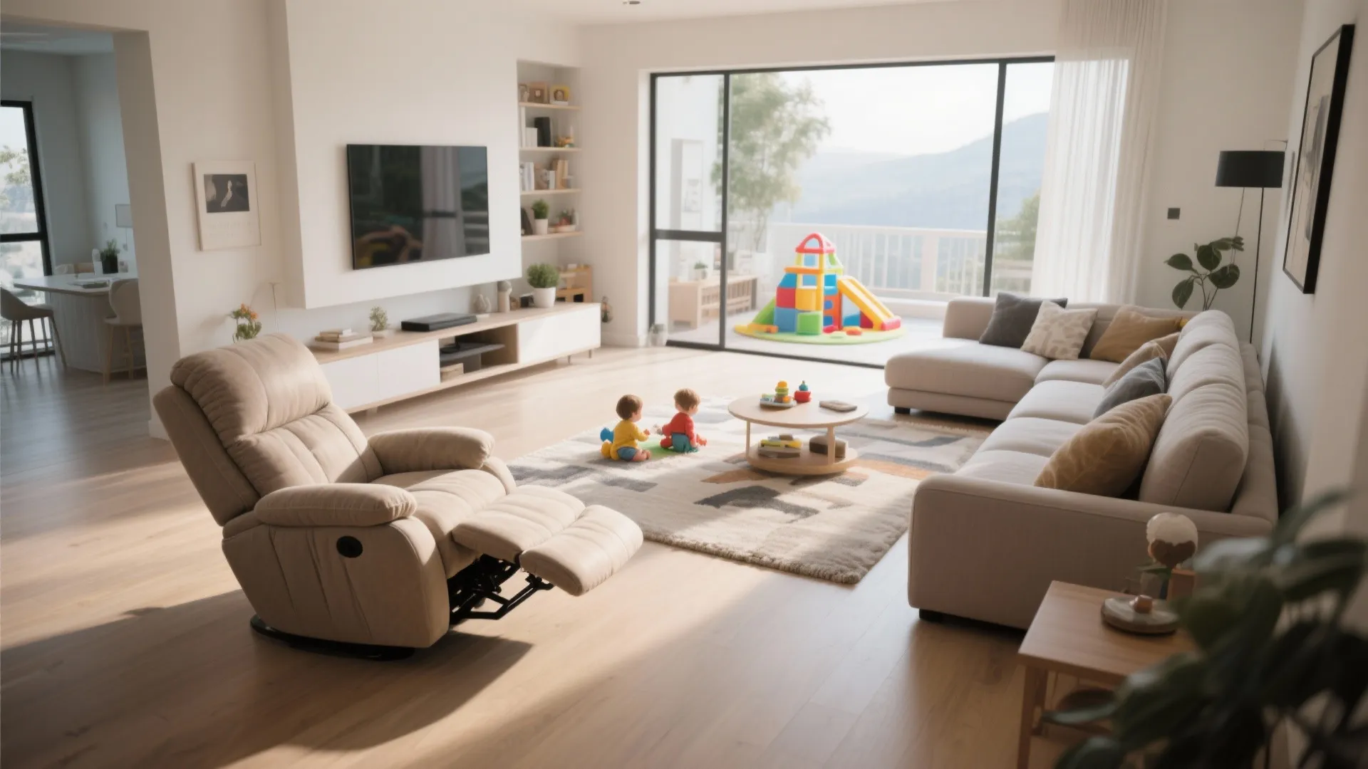 L-shaped living room with recliner and sofa