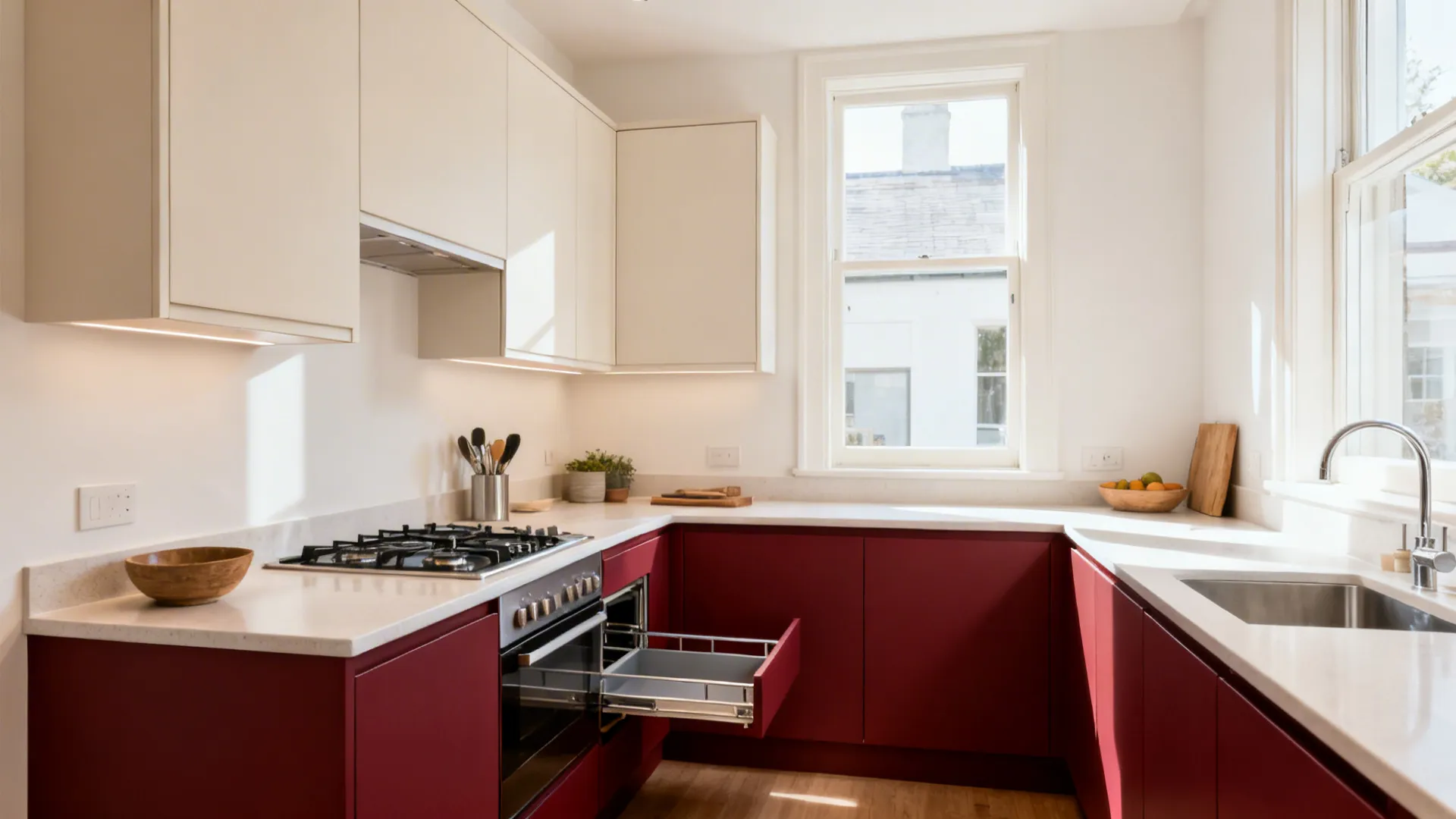 Compact L-shaped kitchen with matte oxblood red base units and pale uppers for open feel