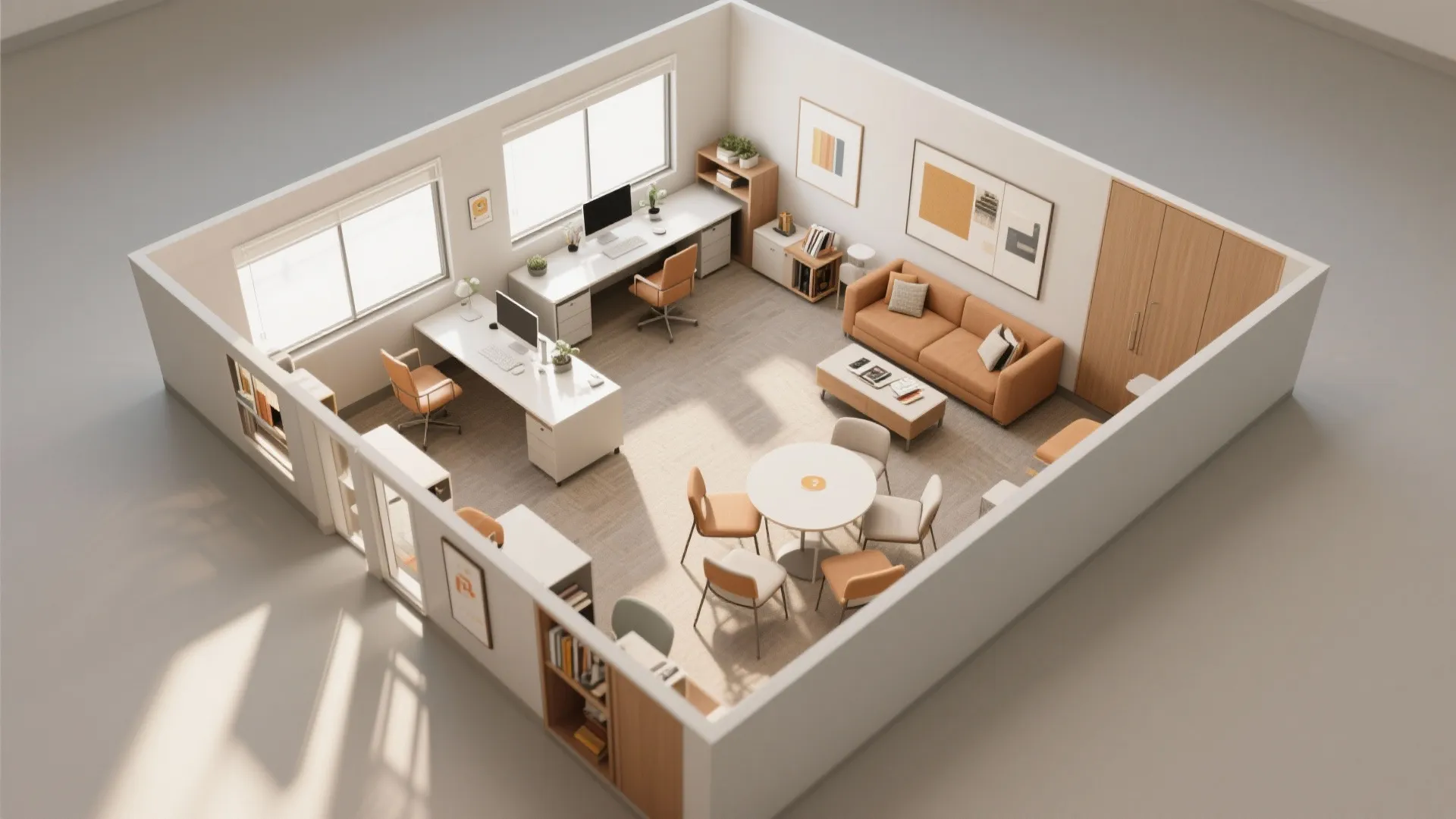 Interior design drawing showing an open office room layout with desks sofa and meeting table