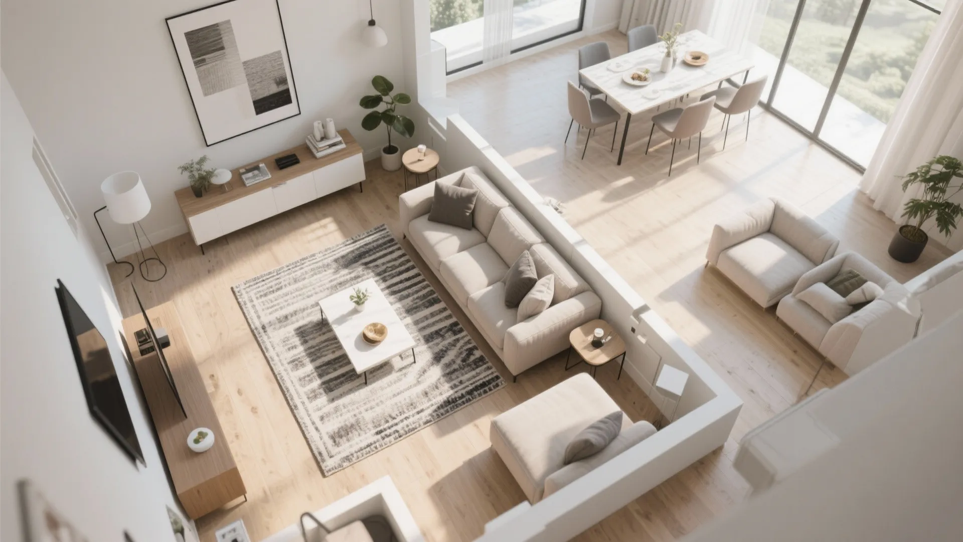 Modern open plan living area with beige sofa white coffee table and wooden dining set