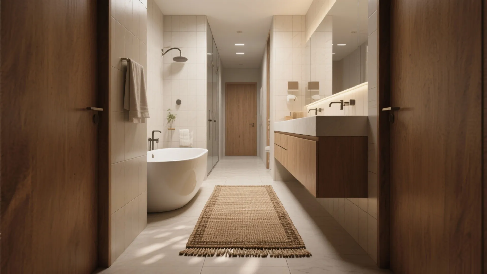 Long narrow bathroom view featuring a white bathtub double sinks wooden cabinets and brown runner