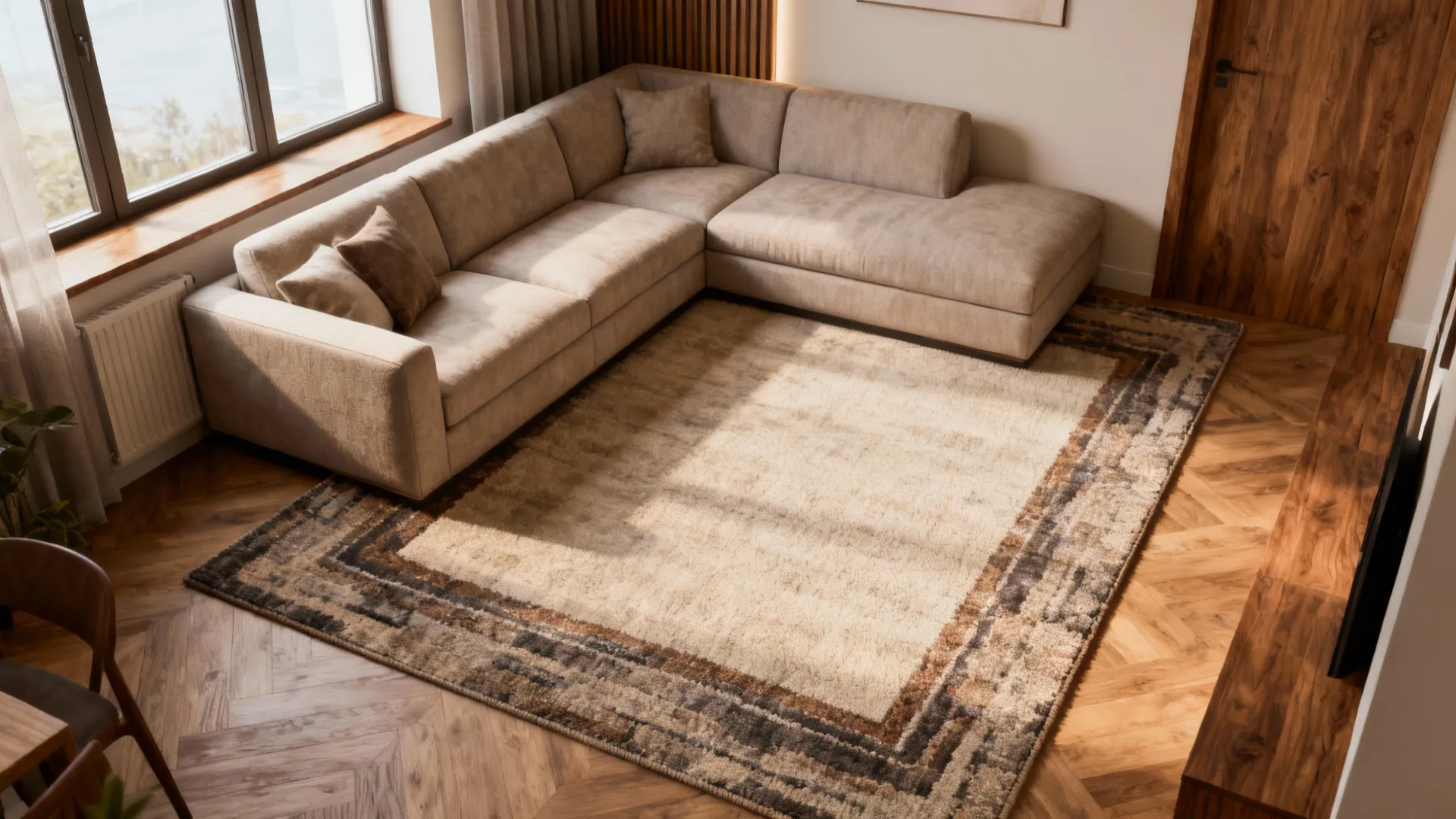 Corner living room with an L-shaped sectional and a custom L-shaped rug that follows the sofa footprint.