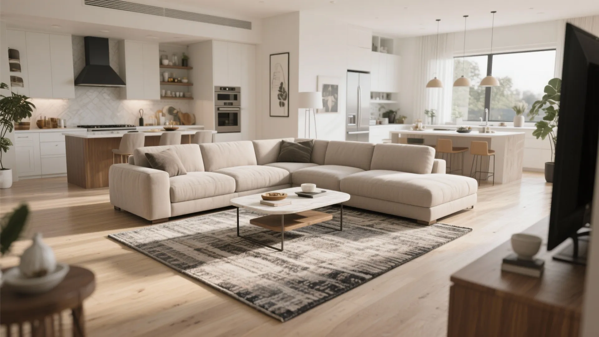 L-shaped sofa arrangement with large central rug
