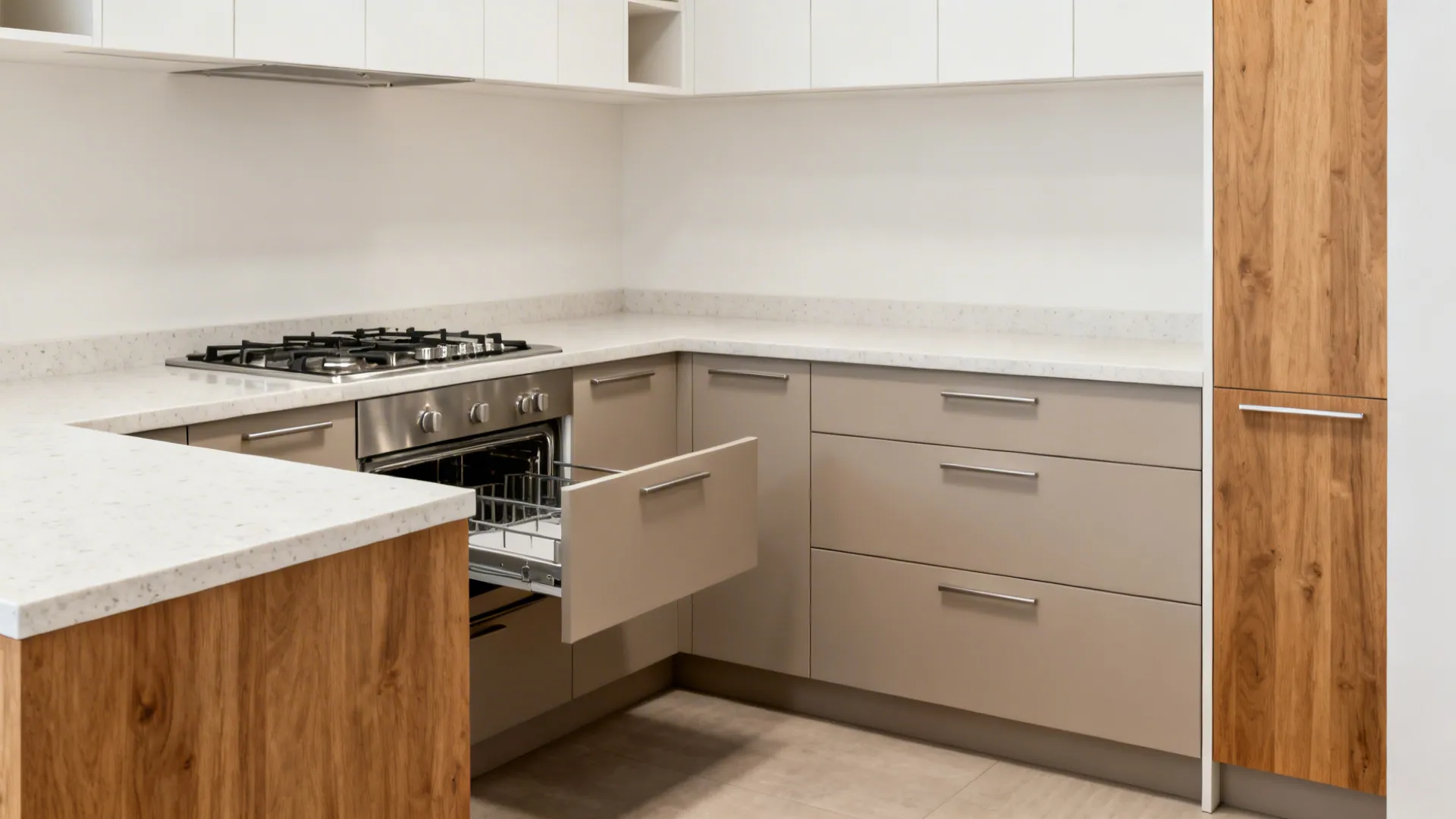 Compact L-shaped kitchen with continuous countertop run, drawer bases, and a corner pull-out.