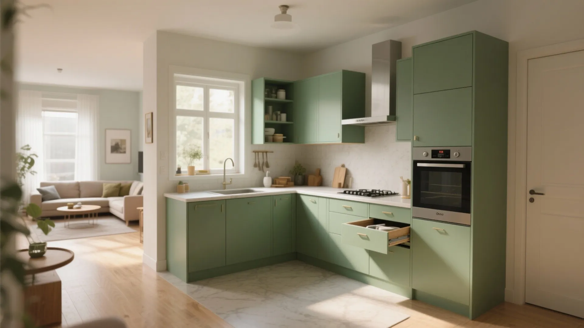 Modern green kitchen with white counter oven window and open view to bright living room