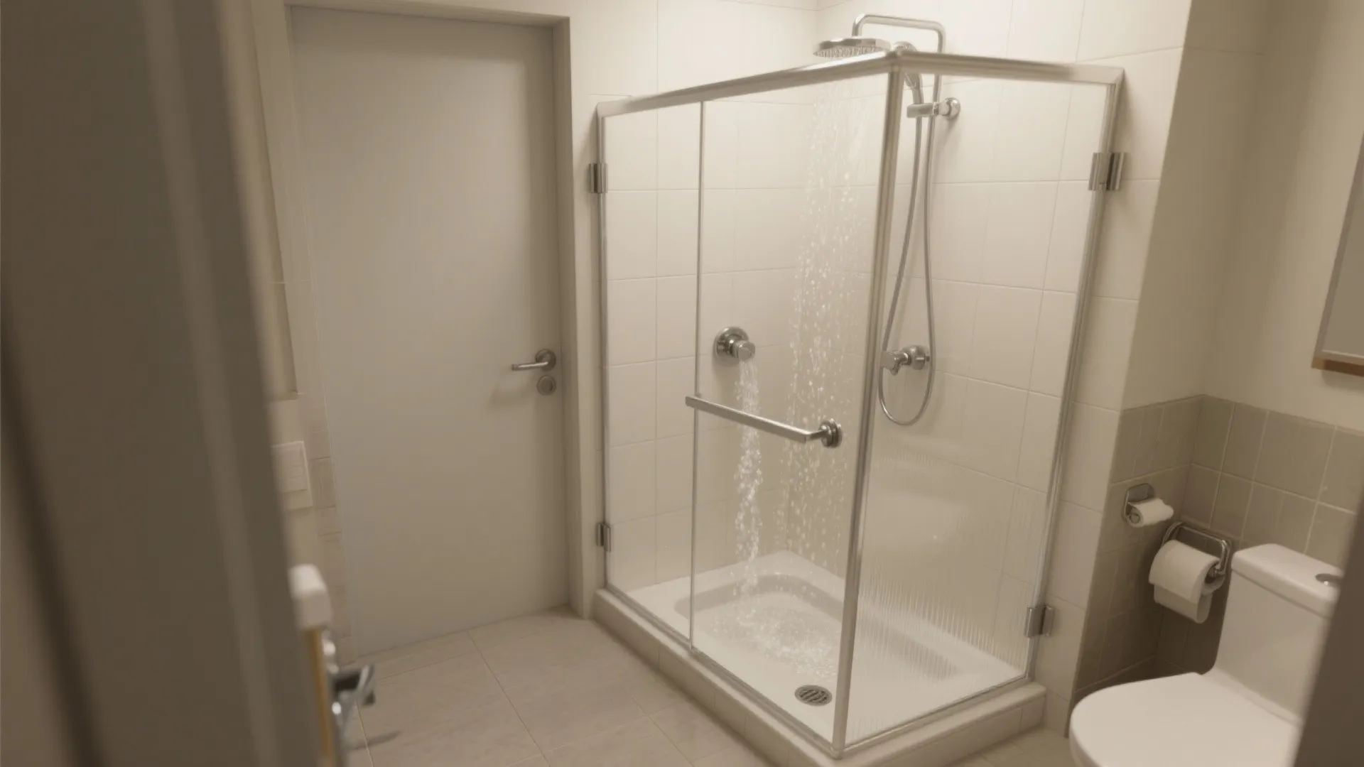 Shower door meeting a stationary panel with an L-shaped clear seal channeling water
