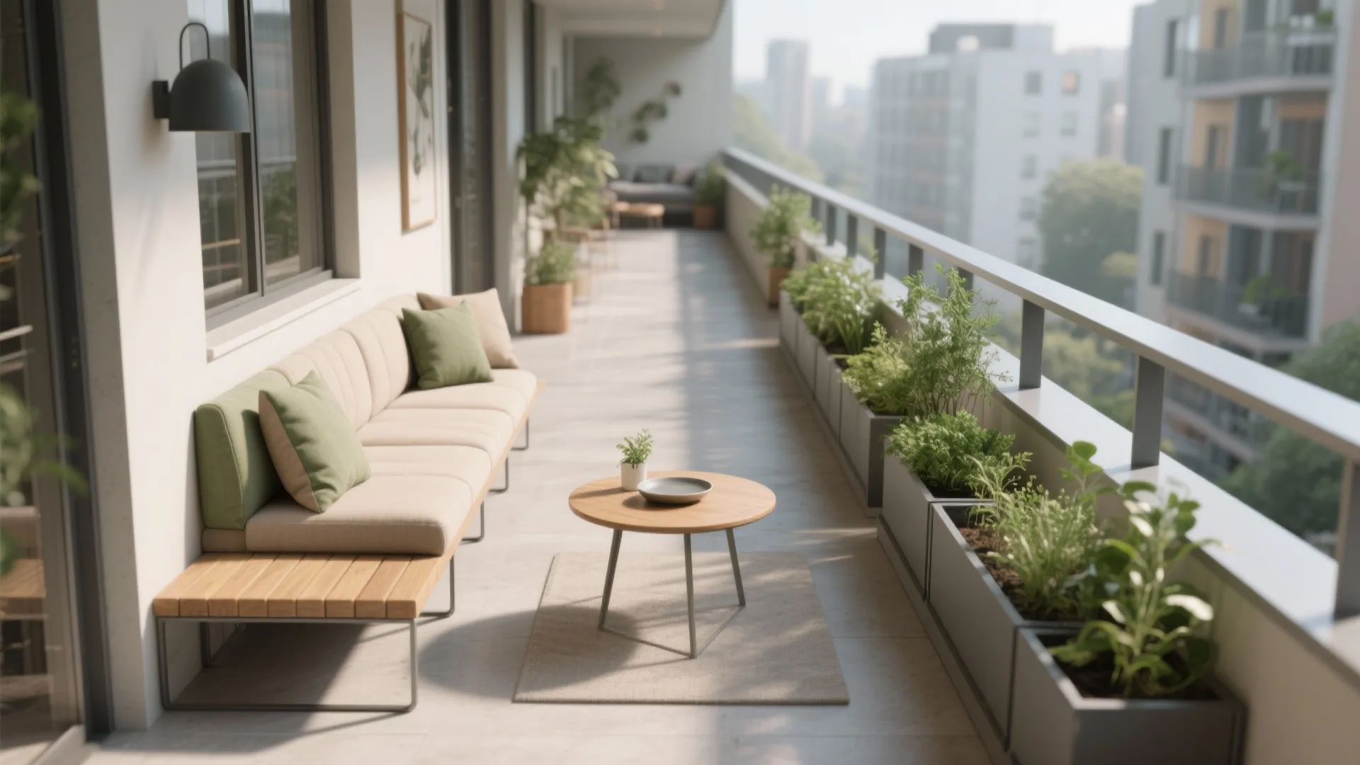 Long narrow balcony with a tan sofa wooden coffee table wall light and several green plants