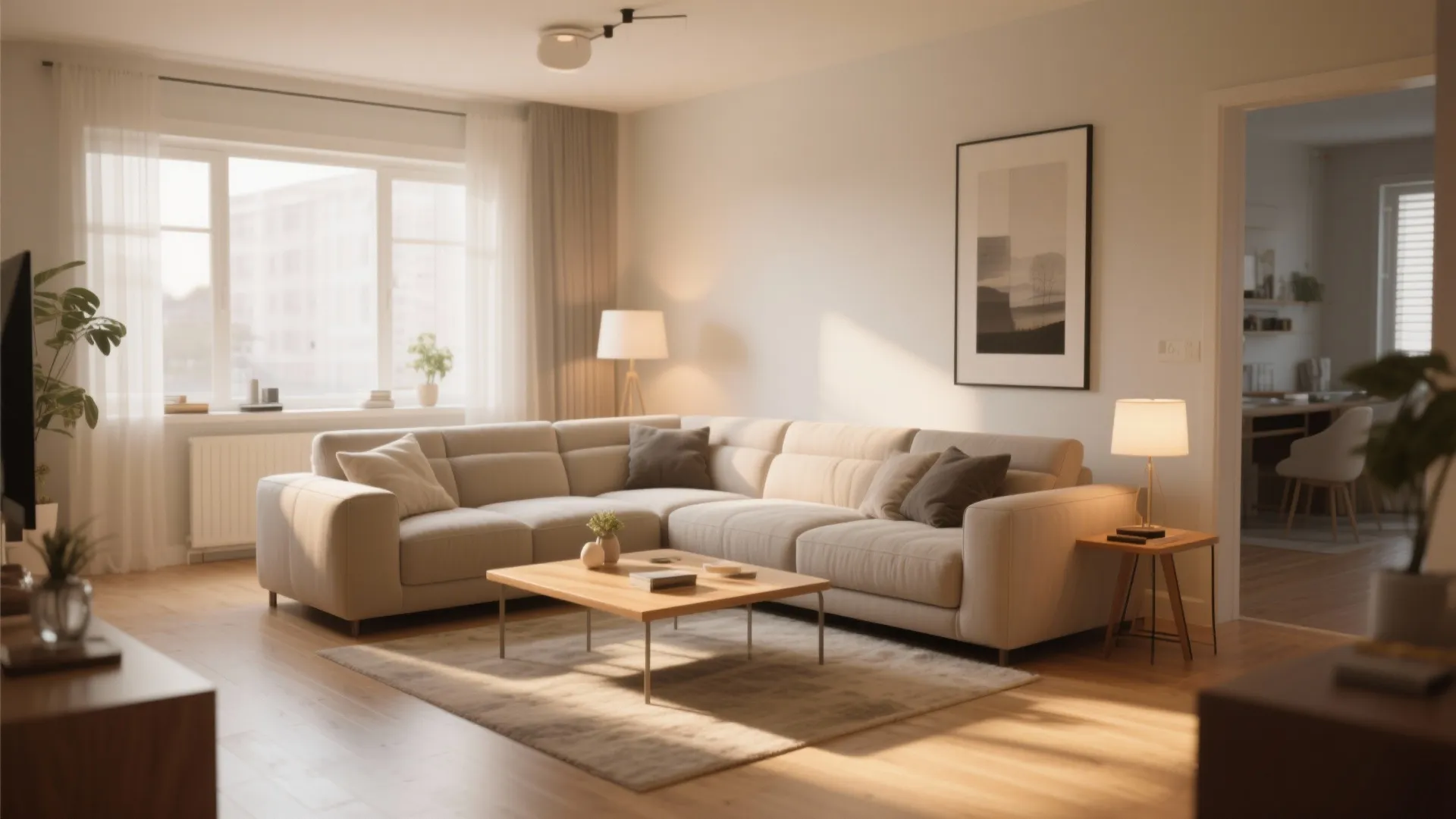 Bright living room with large sofa wooden coffee table floor light and warm sunlight through windows