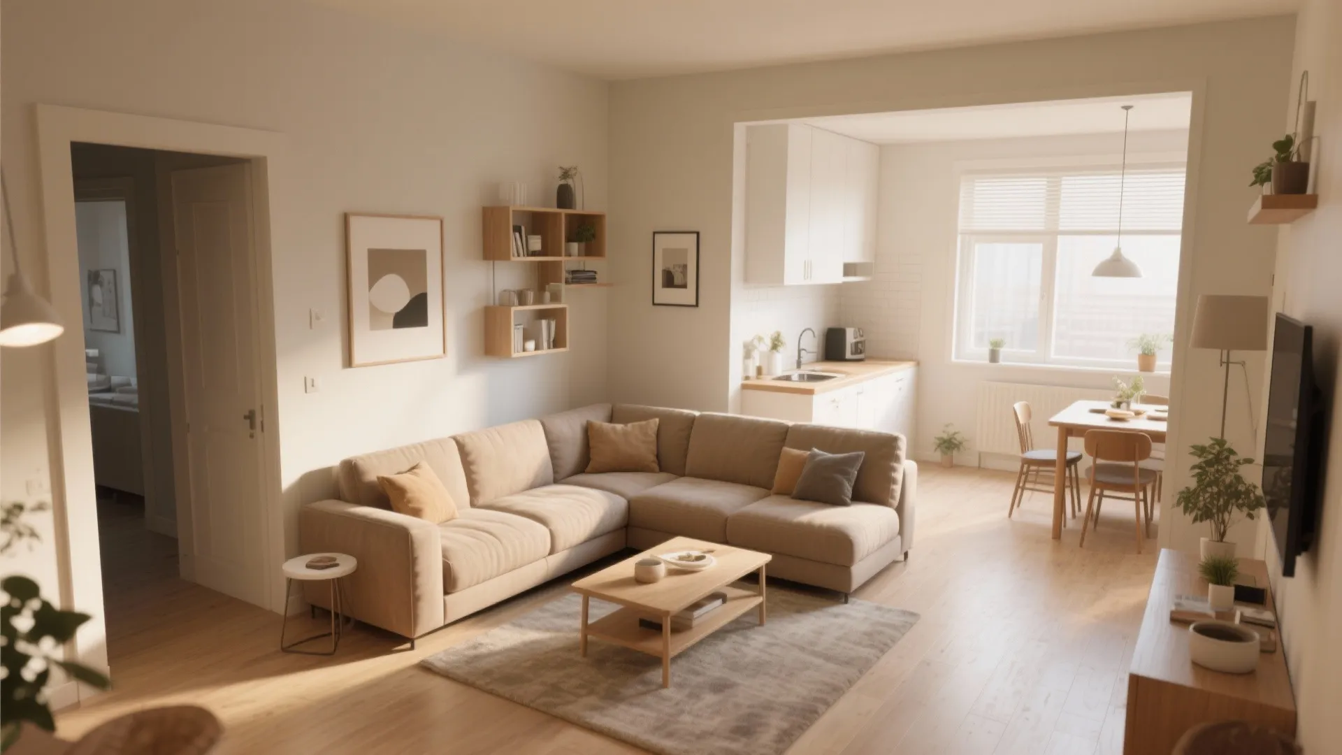 Sunlit living area with large beige corner sofa wooden dining table and white kitchen cabinet background