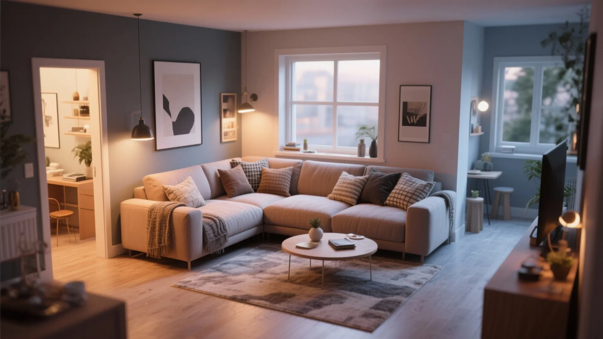 Modern living room featuring a large beige sofa coffee table grey rug and warm light fixtures