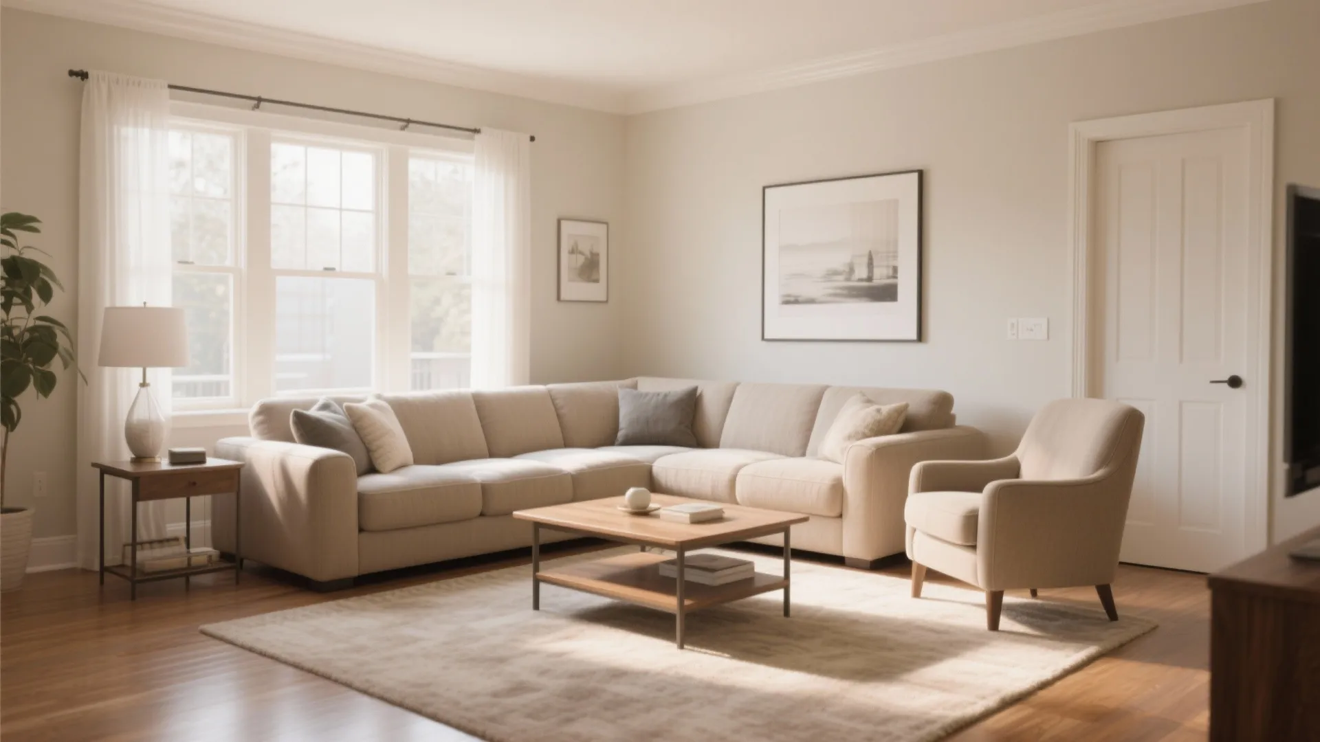 Bright living room featuring beige sectional sofa, wood coffee table, single armchair, and large windows