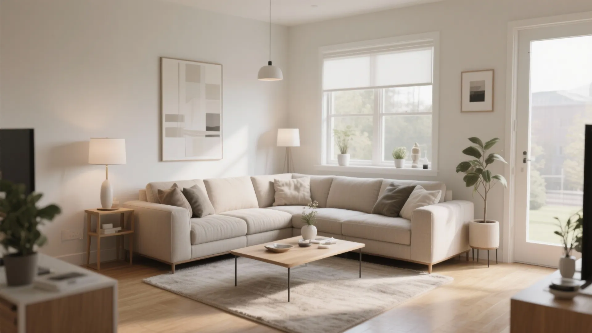 Modern bright living room with large beige sofa wooden coffee table white walls and natural light