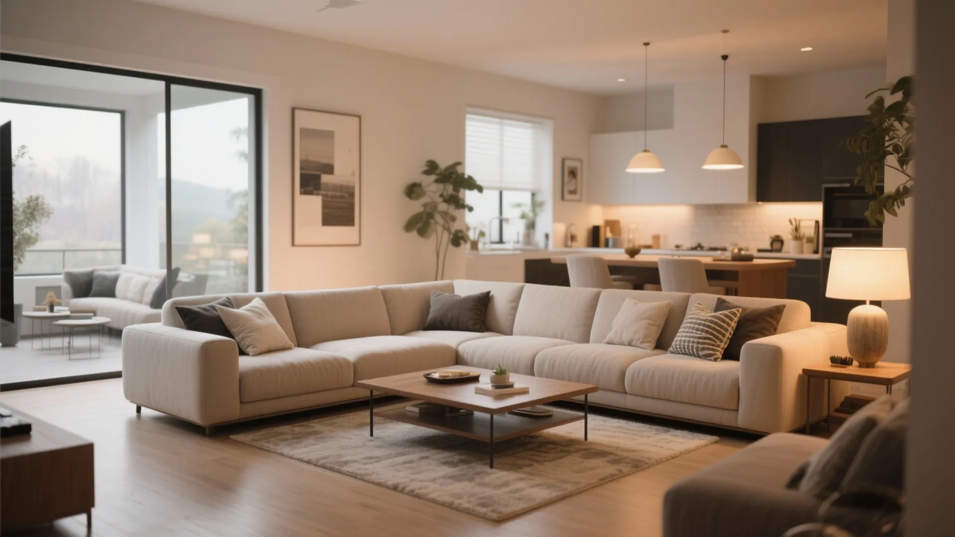 Modern open plan living room with cream l-shaped sofa wooden coffee table and warm ceiling lights