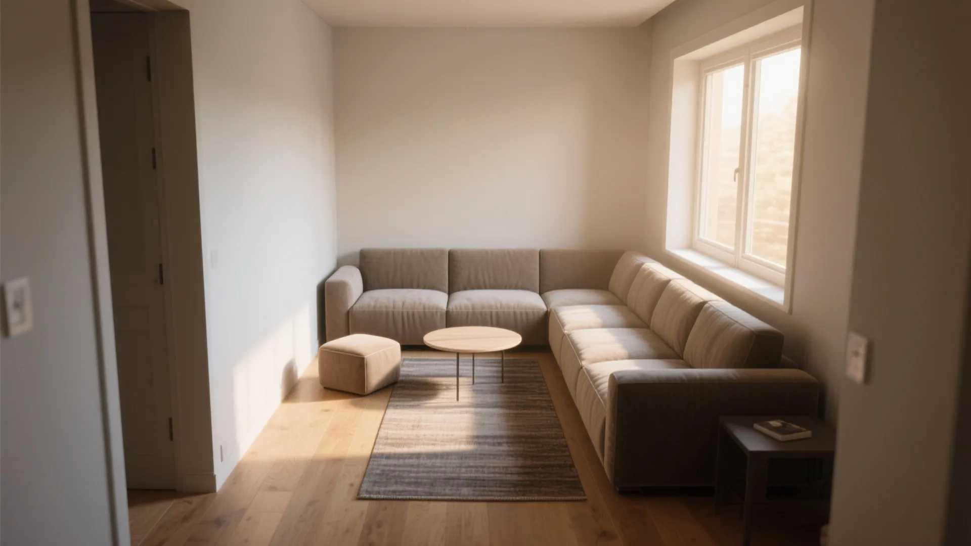 Compact L-shaped modular sofa hugging the corner with a petite ottoman, runner rug and a clear walkway.