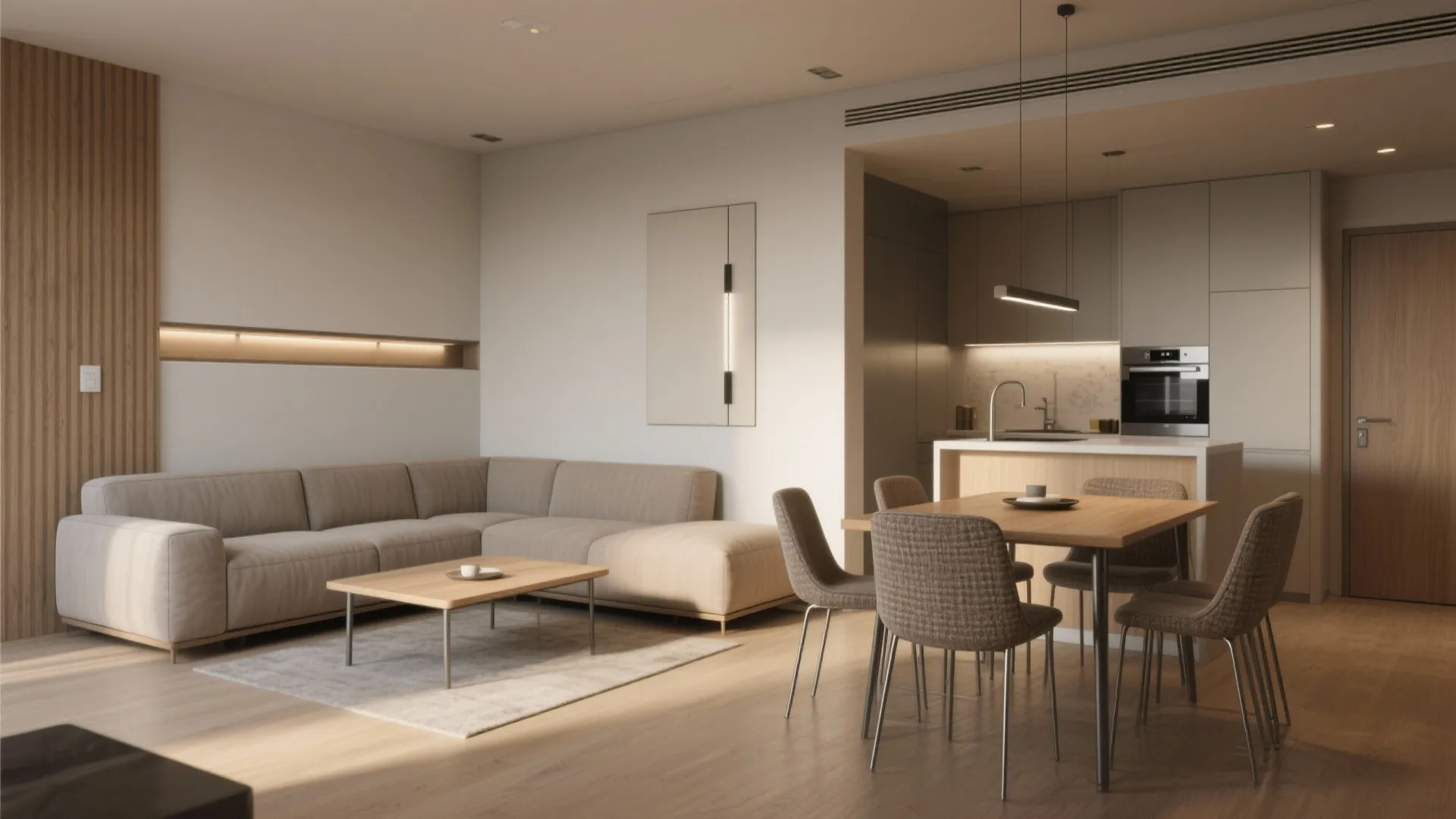 Modern open plan living area with beige sofa coffee table wooden dining set and kitchen