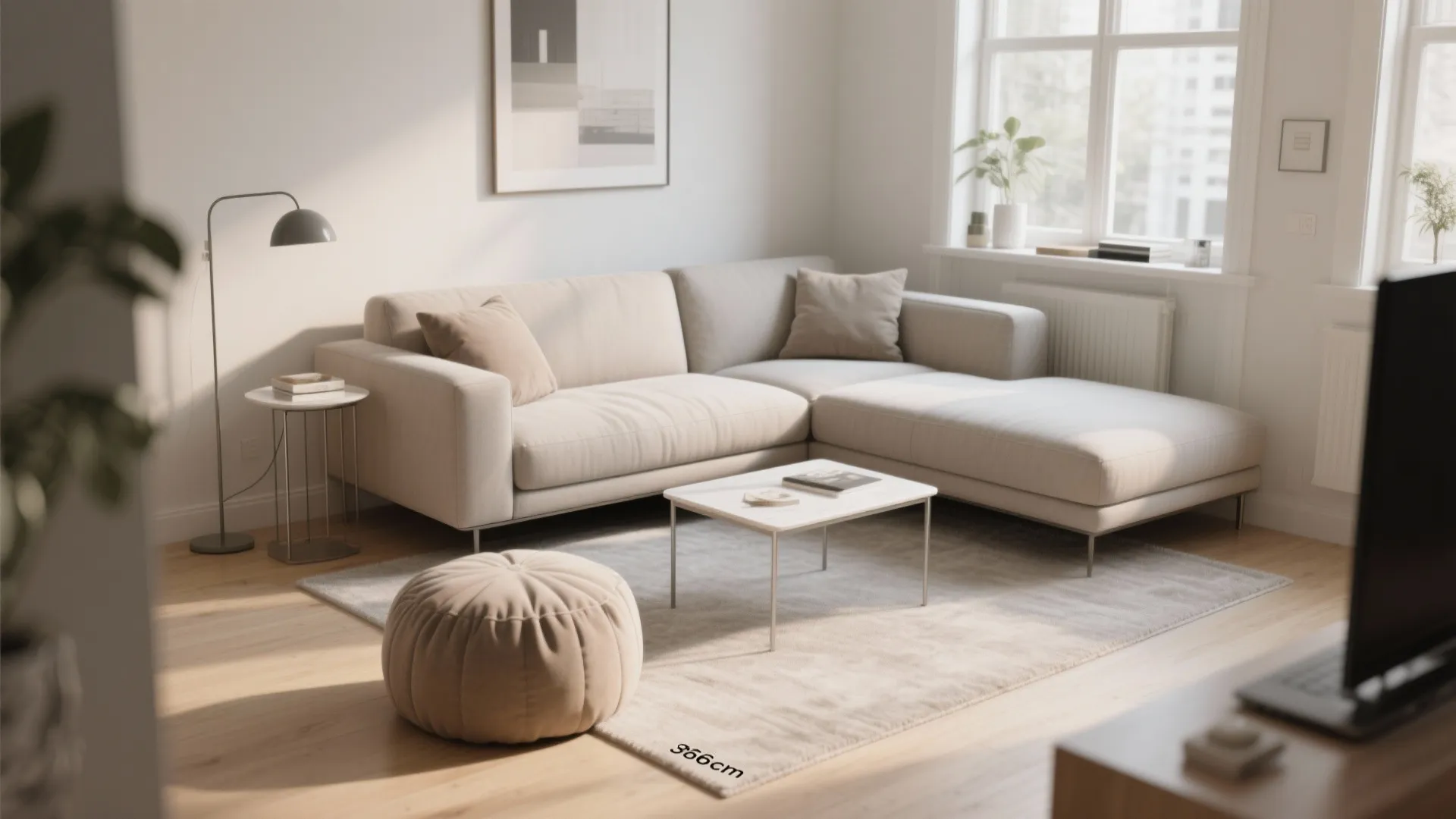 Cream sofa in bright living room with white coffee table footrest rug and grey floor lamp